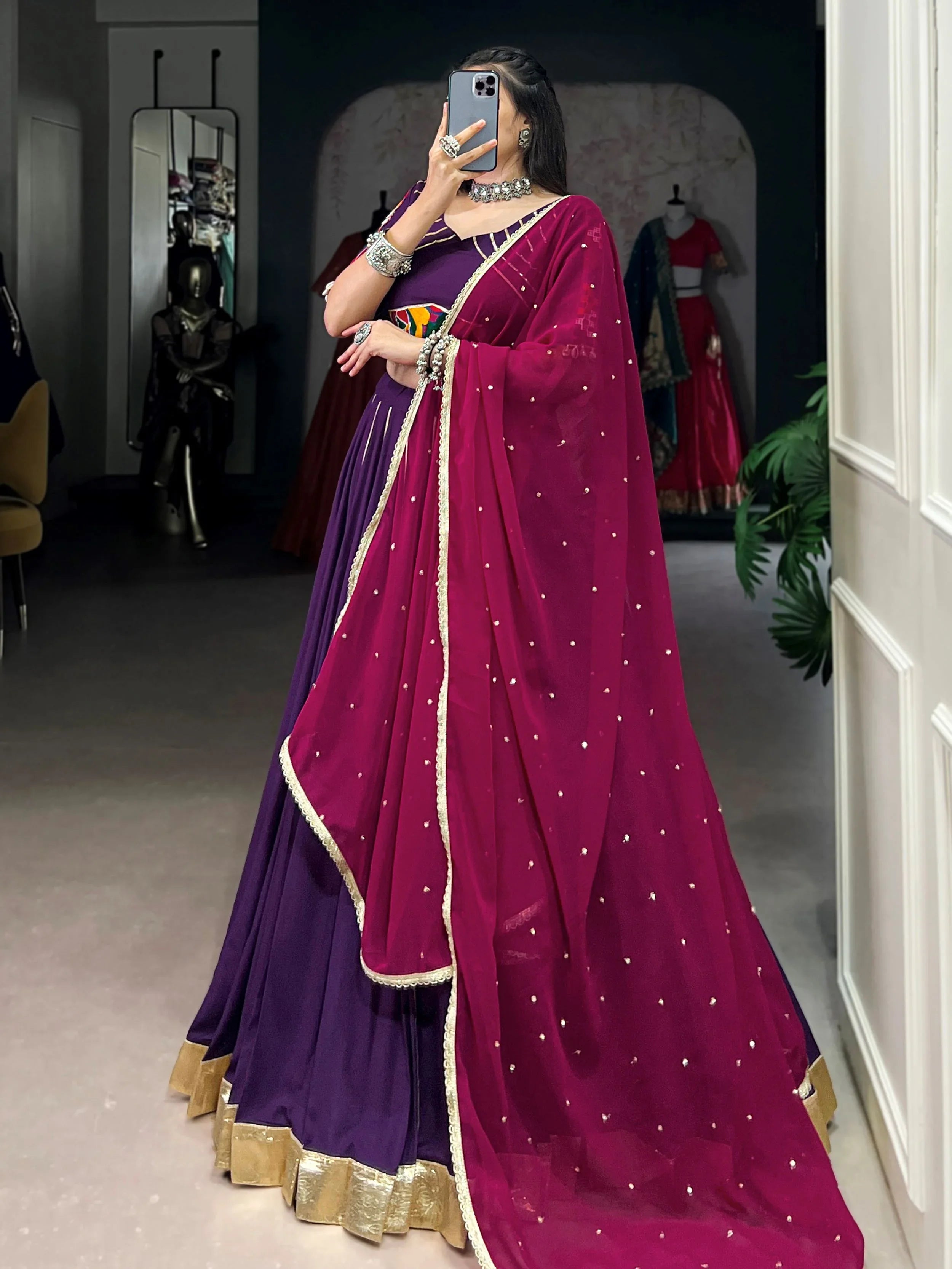 Purple rayon lehenga choli with mirror gamthi work and dupatta