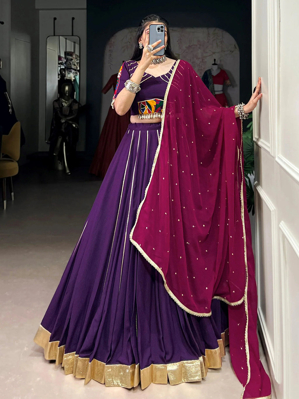 Purple rayon lehenga choli with mirror gamthi work and dupatta