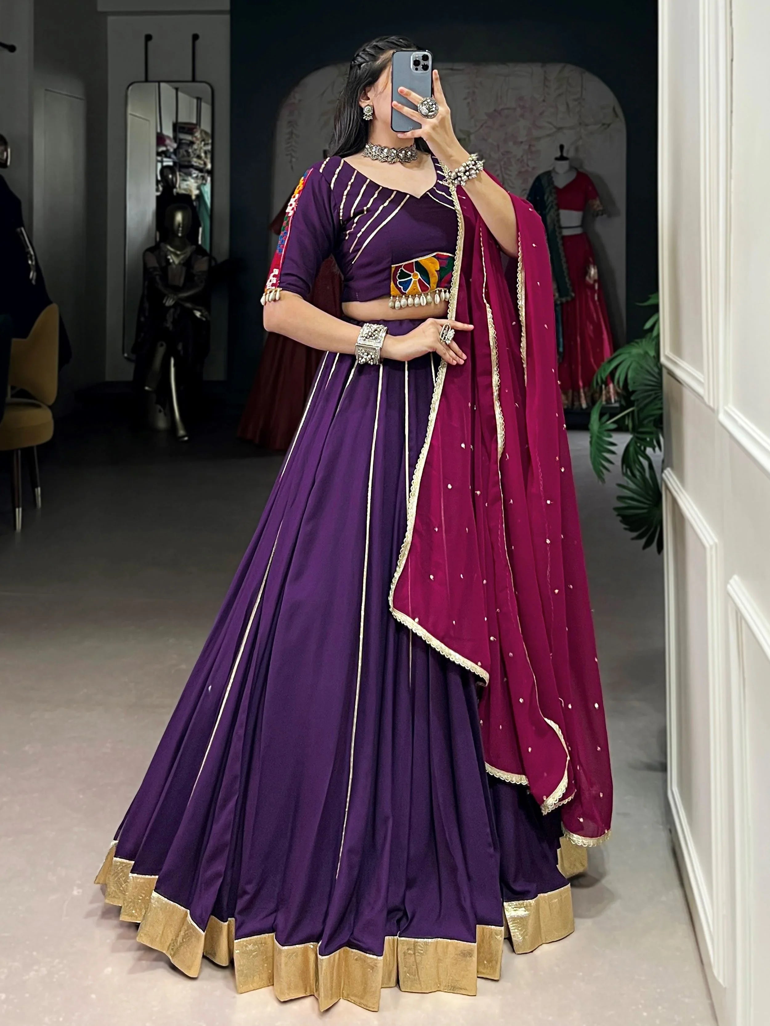 Purple rayon lehenga choli with mirror gamthi work and dupatta