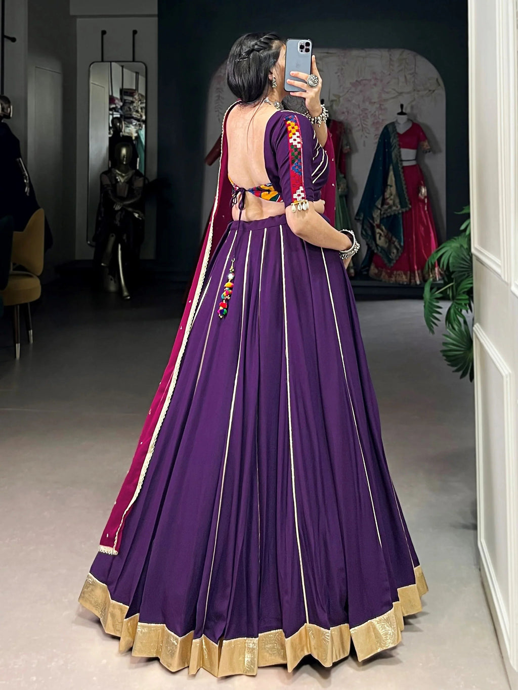 Purple rayon lehenga choli with mirror gamthi work and dupatta