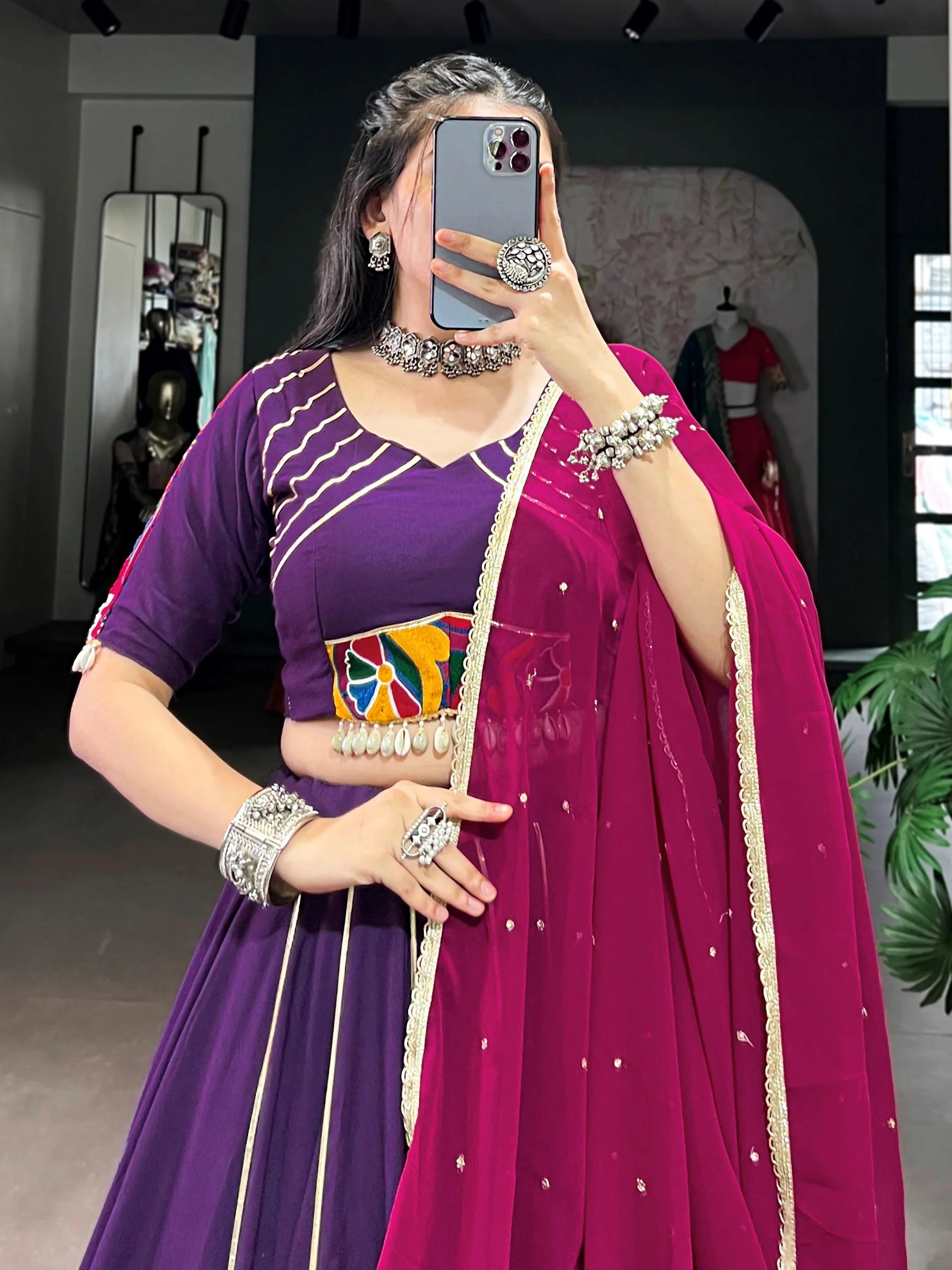 Purple rayon lehenga choli with mirror gamthi work and dupatta