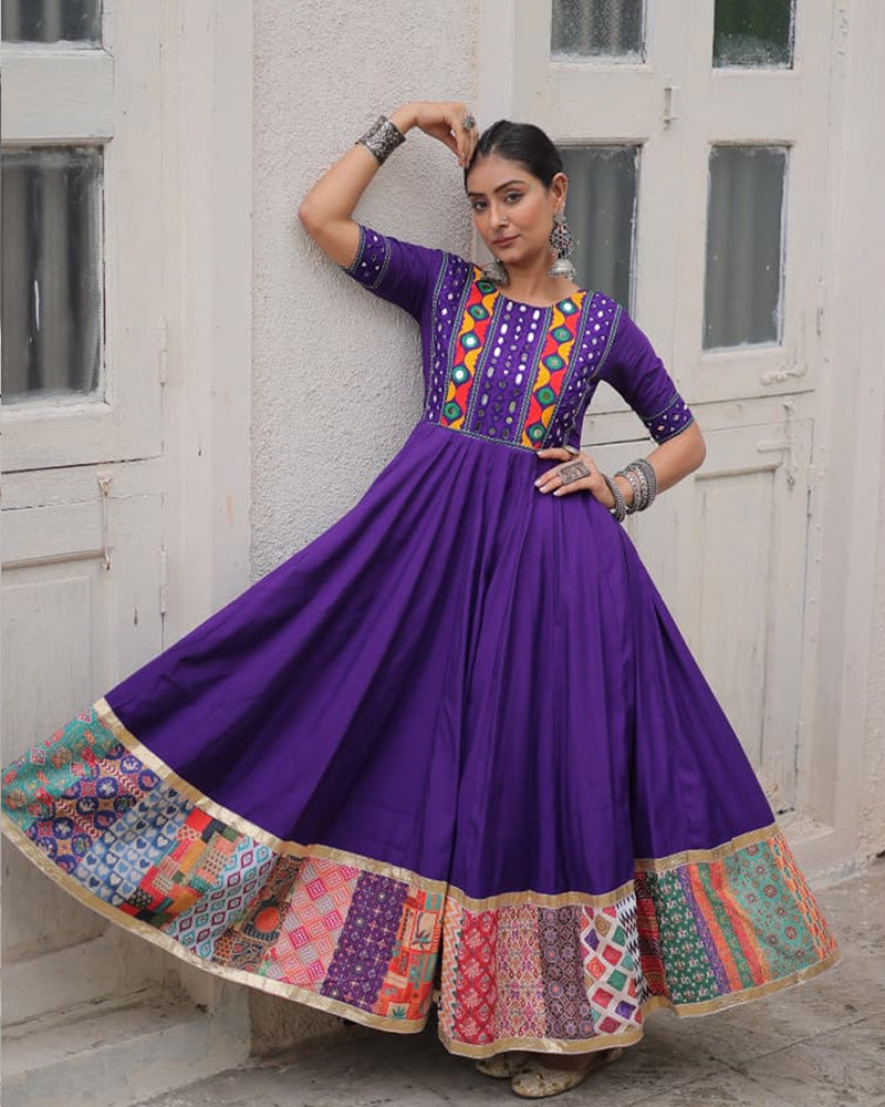 Purple Roman silk thread mirror work Maslin crochet print gown