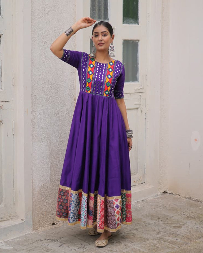 Purple Roman silk thread mirror work Maslin crochet print gown