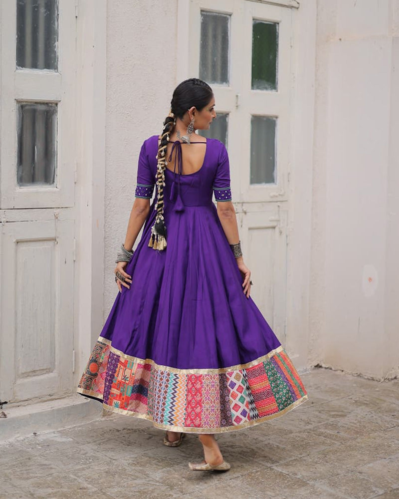 Purple Roman silk thread mirror work Maslin crochet print gown