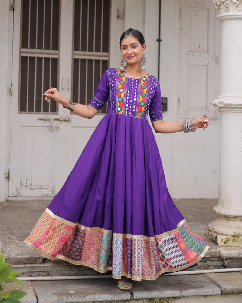 Purple Roman silk thread mirror work Maslin crochet print gown