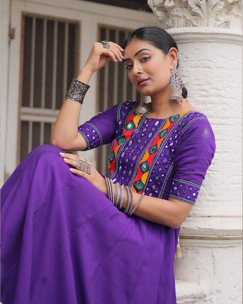 Purple Roman silk thread mirror work Maslin crochet print gown