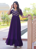 Purple designer gown with sequins and multithread bead embroidery