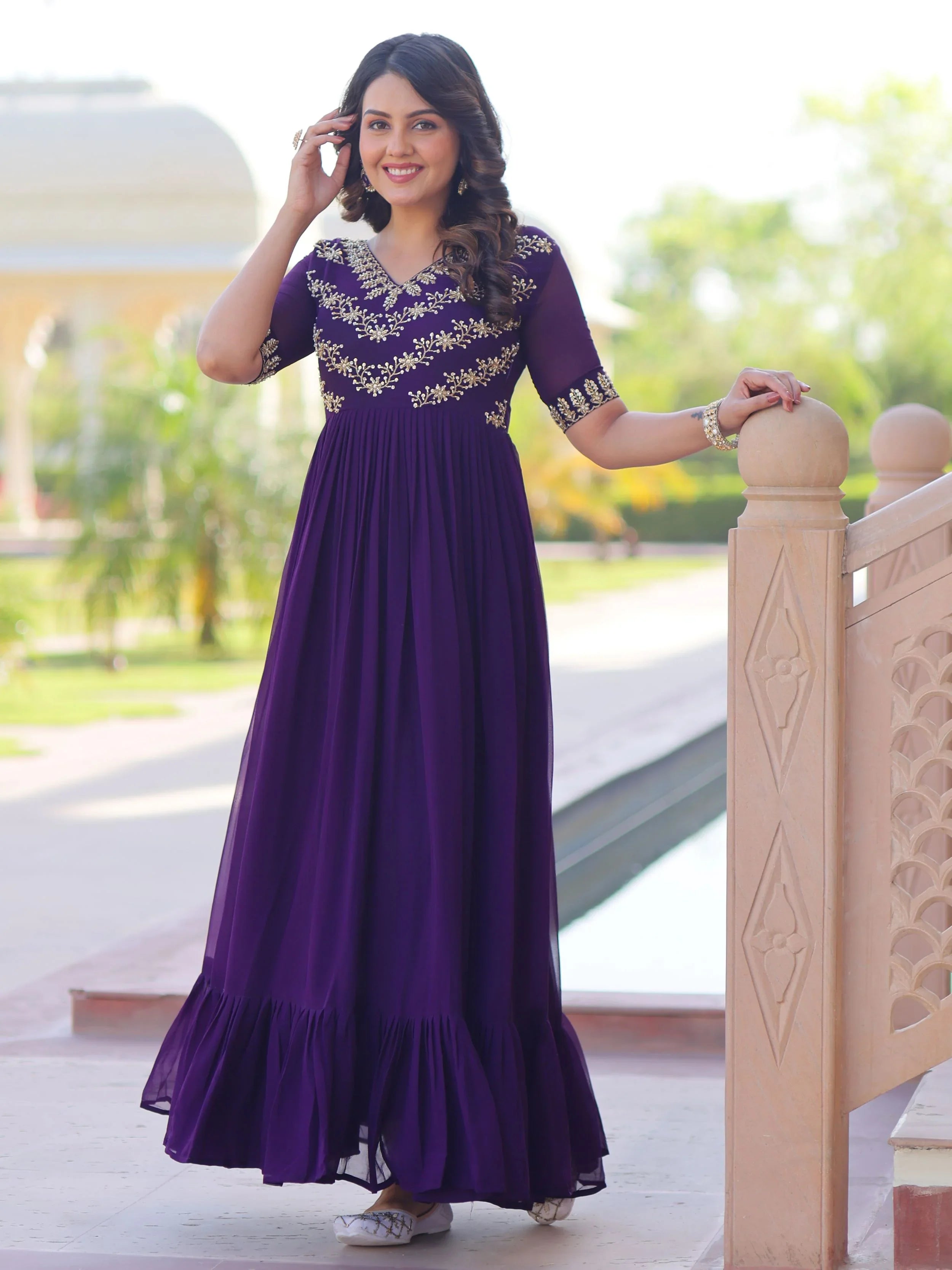 Purple designer gown with sequins and multithread bead embroidery