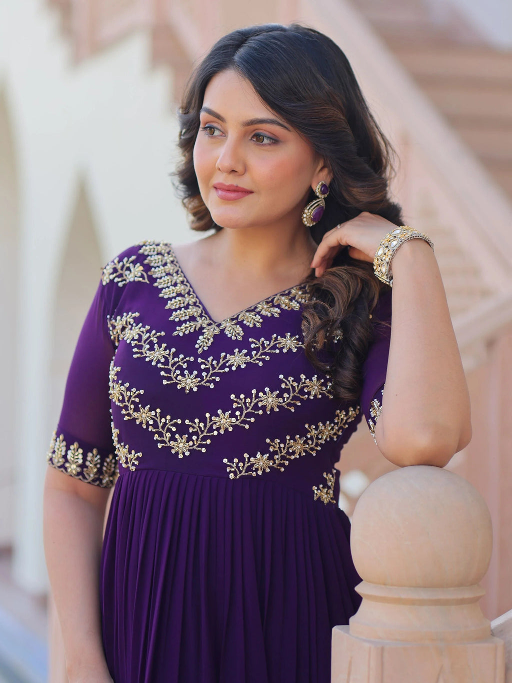 Purple designer gown with sequins and multithread bead embroidery