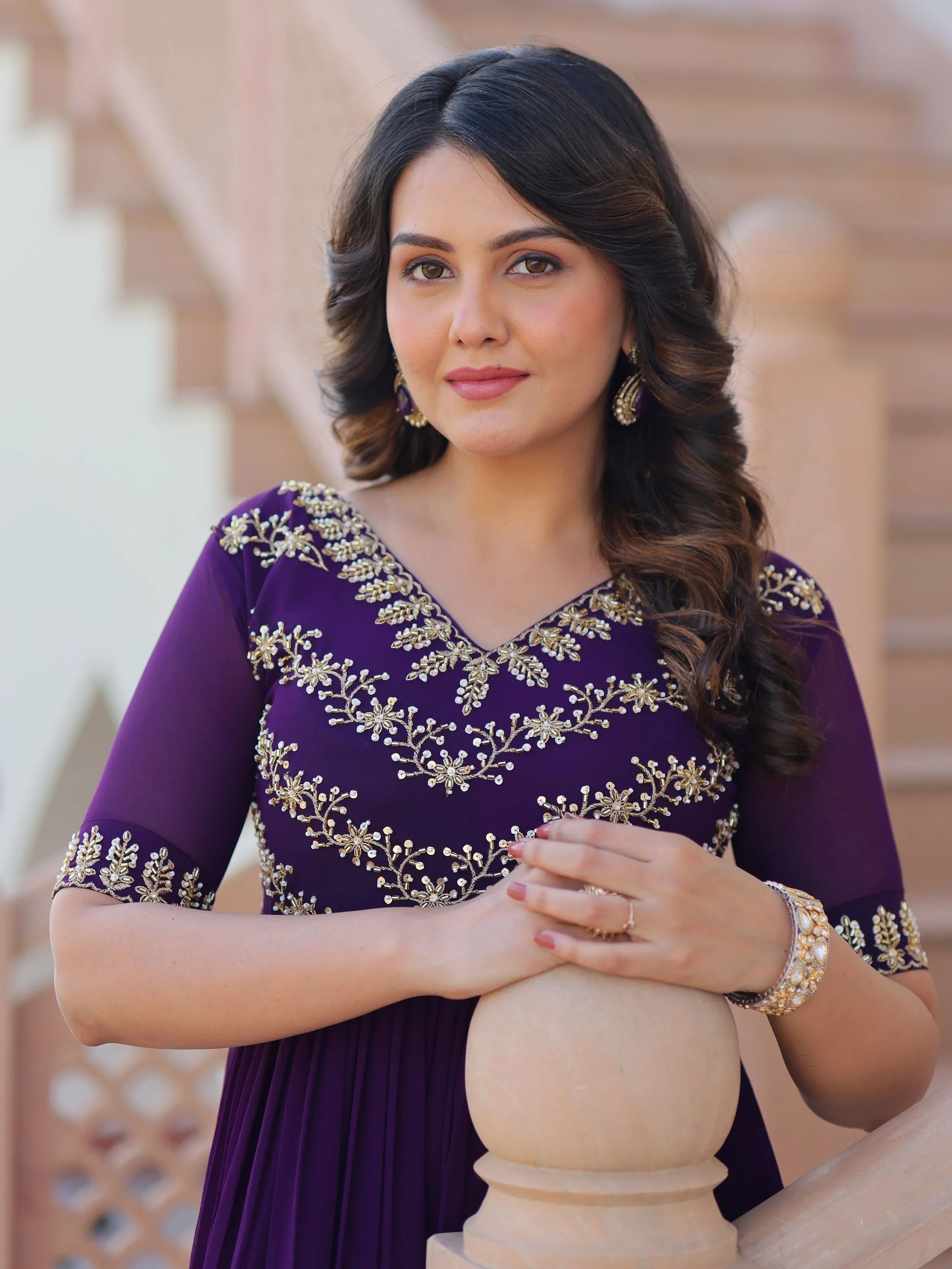 Purple designer gown with sequins and multithread bead embroidery
