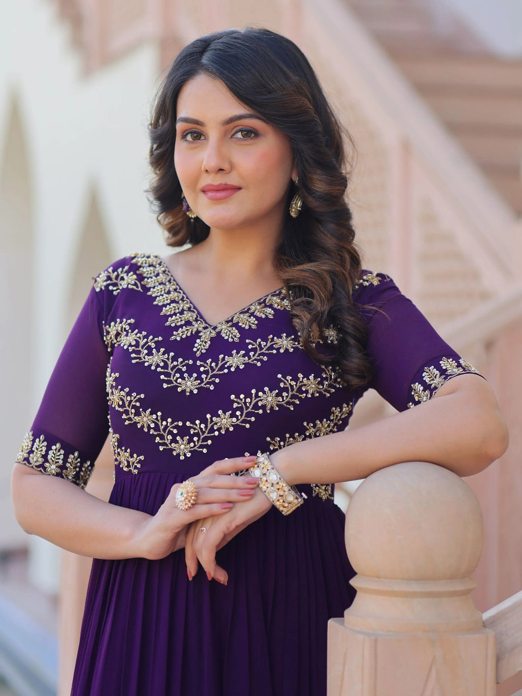 Purple designer gown with sequins and multithread bead embroidery