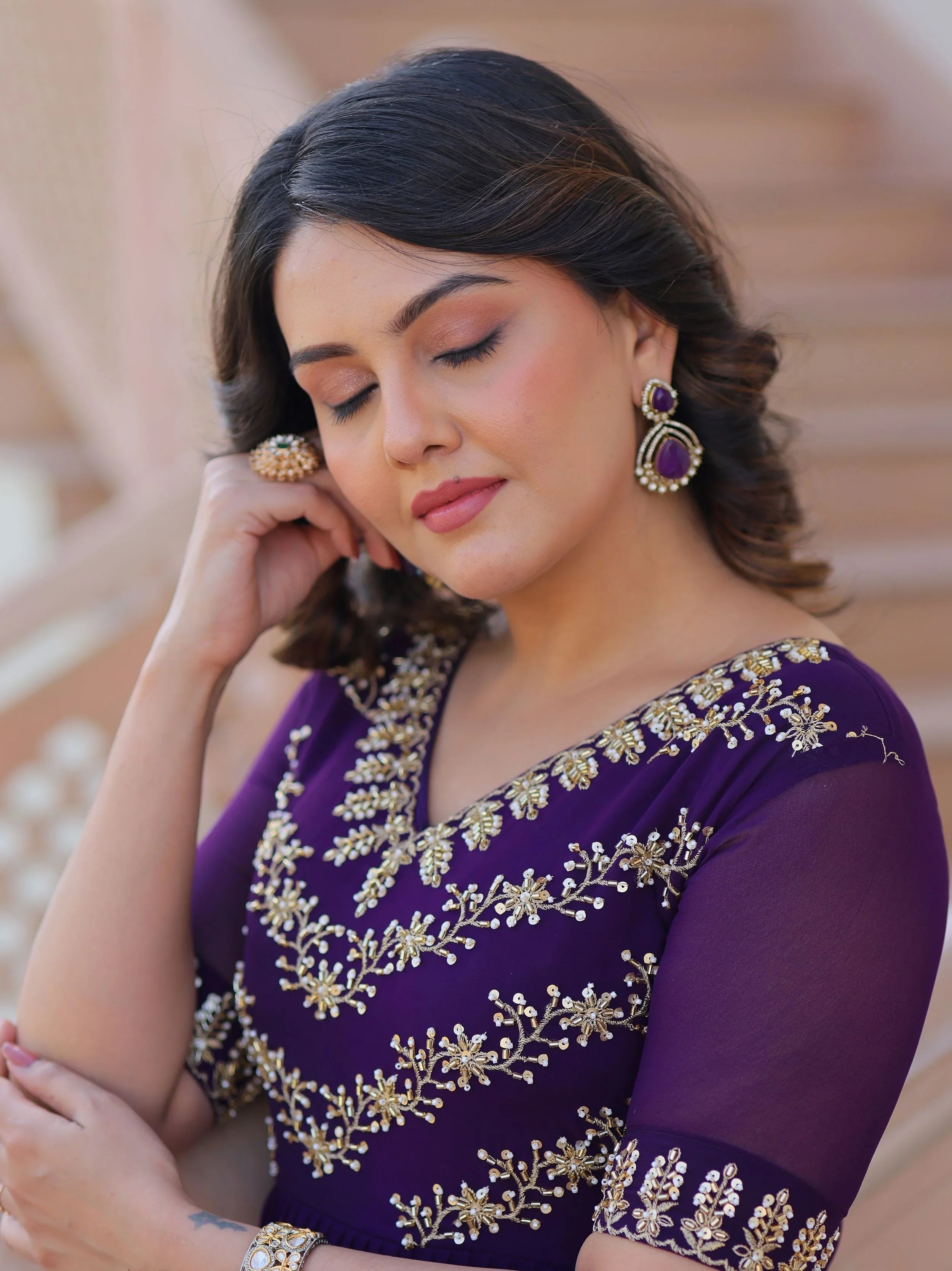 Purple designer gown with sequins and multithread bead embroidery