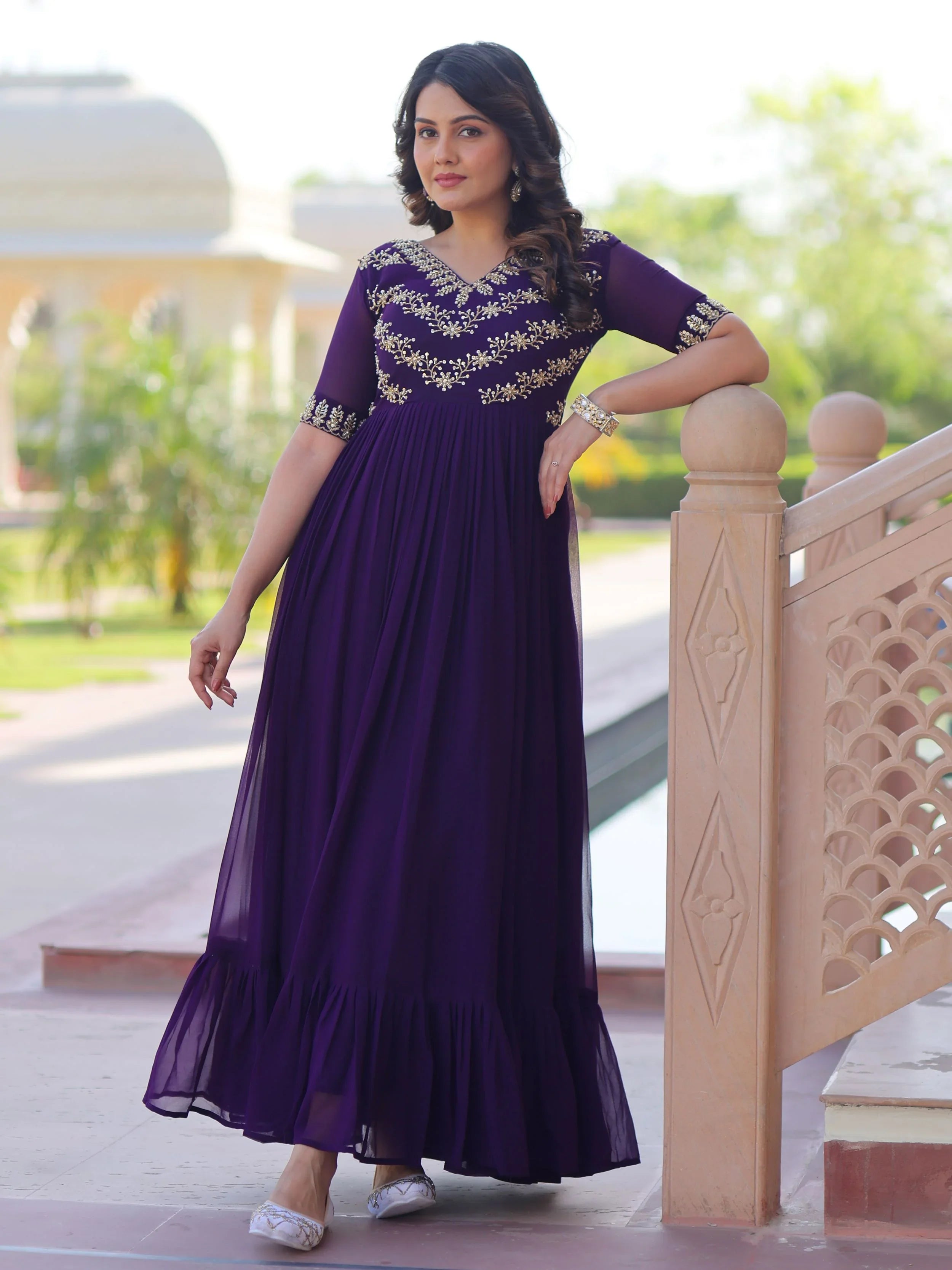 Purple designer gown with sequins and multithread bead embroidery