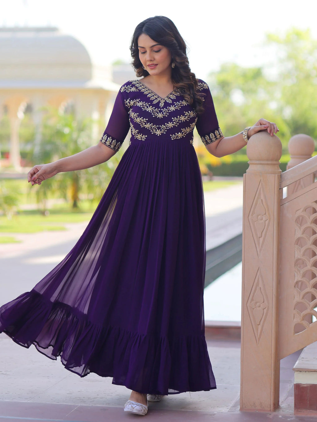 Purple designer gown with sequins and multithread bead embroidery