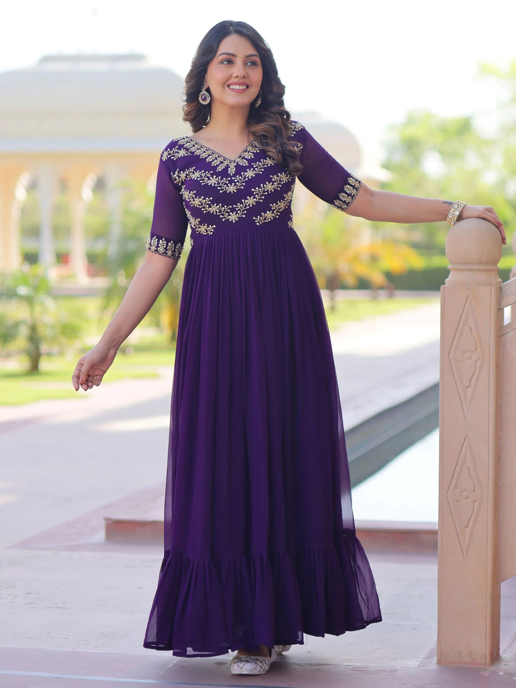 Purple designer gown with sequins and multithread bead embroidery