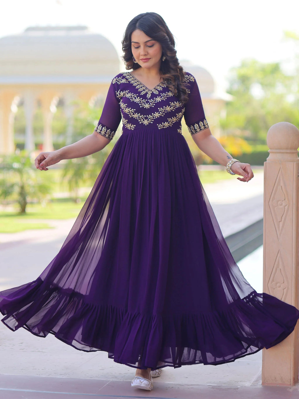Purple designer gown with sequins and multithread bead embroidery