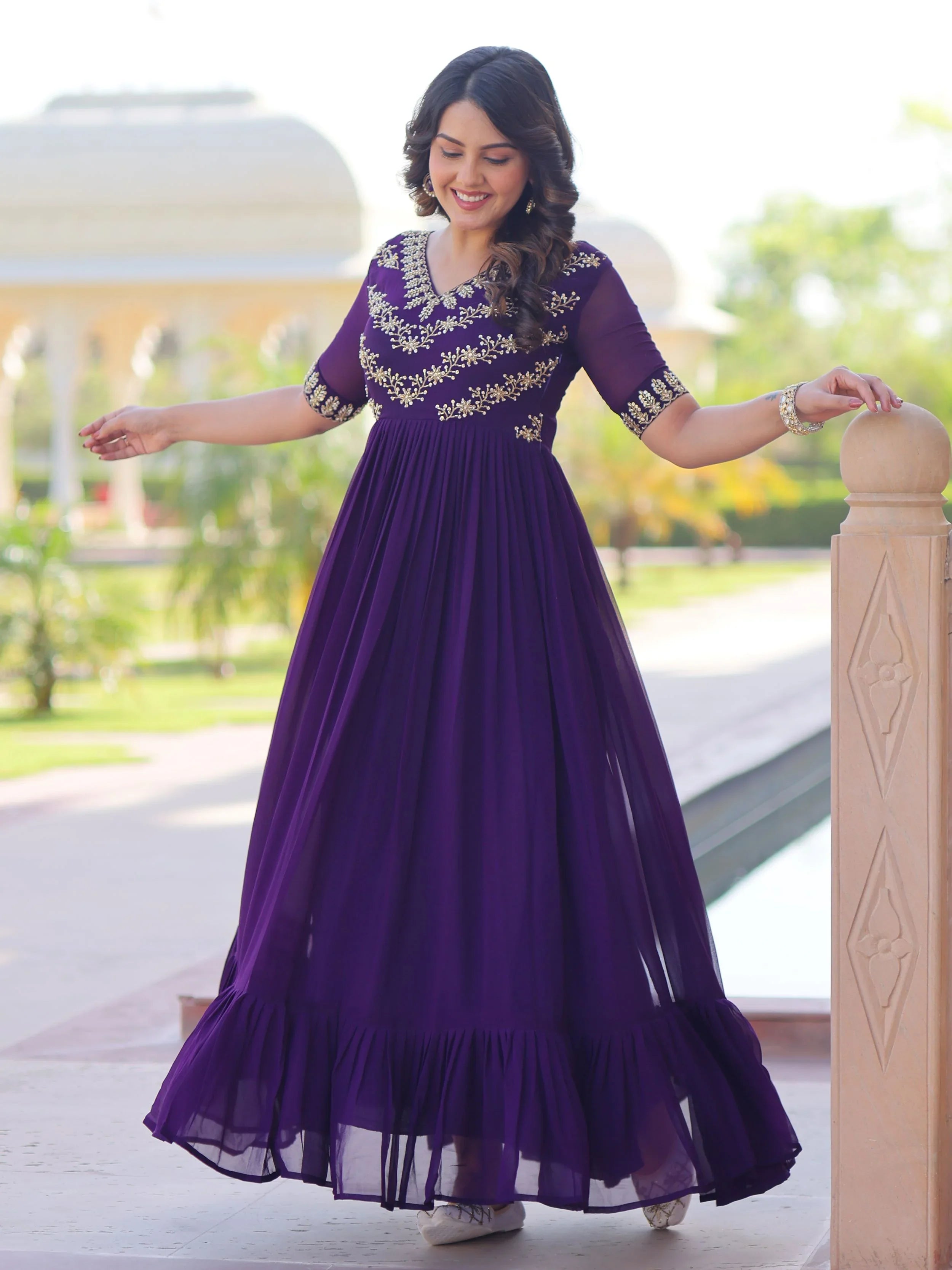 Purple designer gown with sequins and multithread bead embroidery