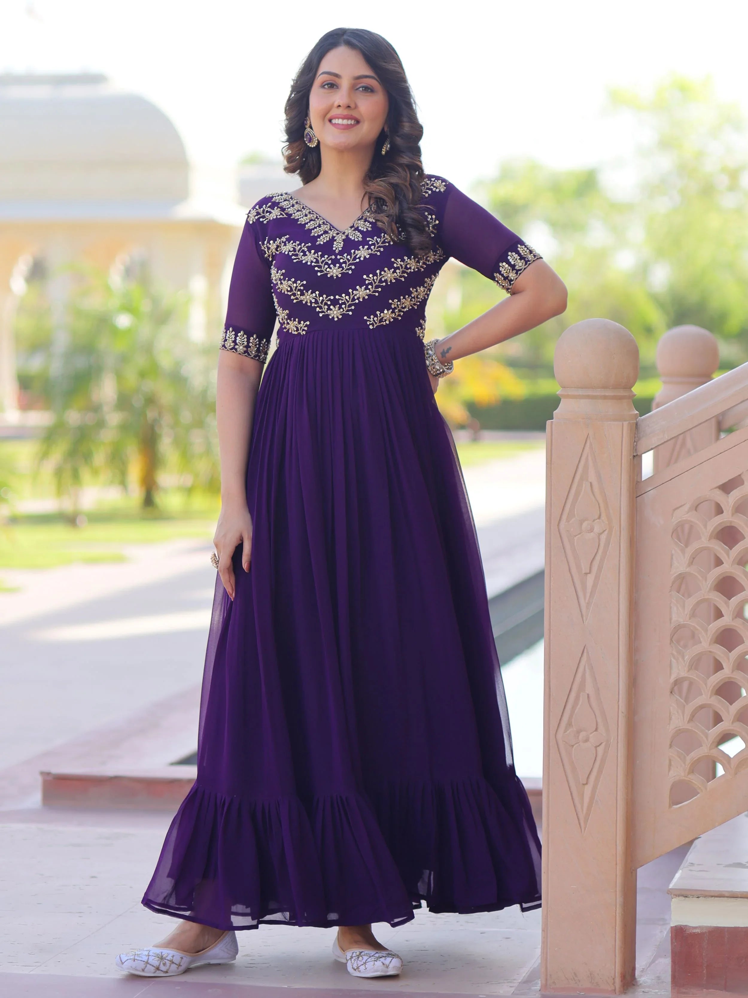 Purple designer gown with sequins and multithread bead embroidery