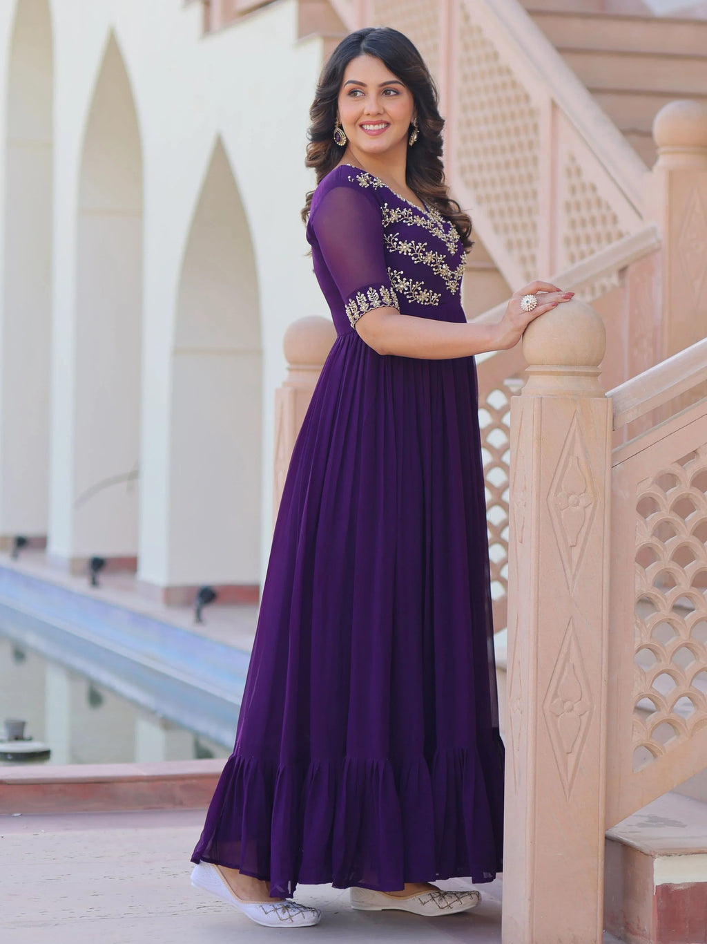 Purple designer gown with sequins and multithread bead embroidery