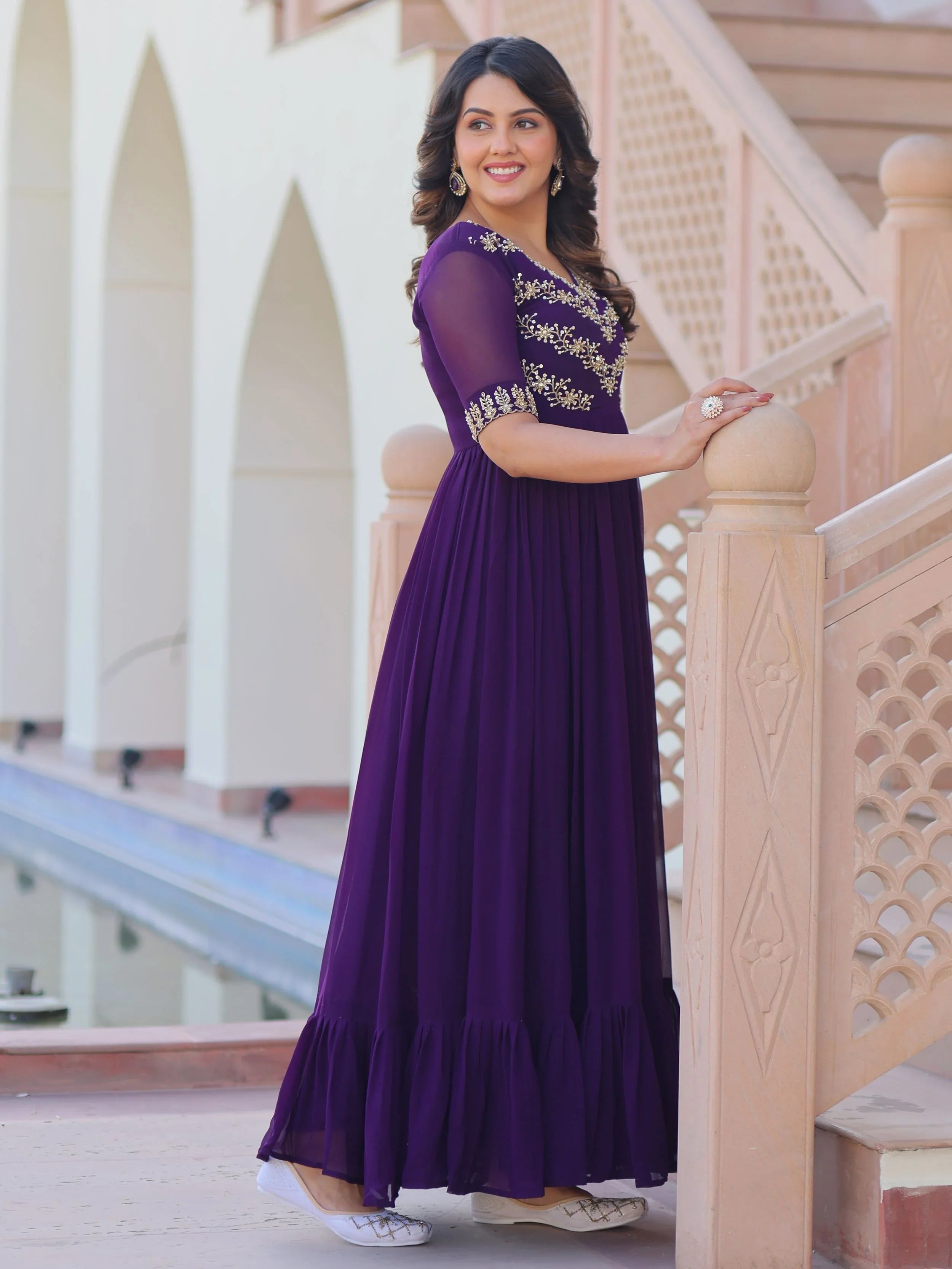 Purple designer gown with sequins and multithread bead embroidery