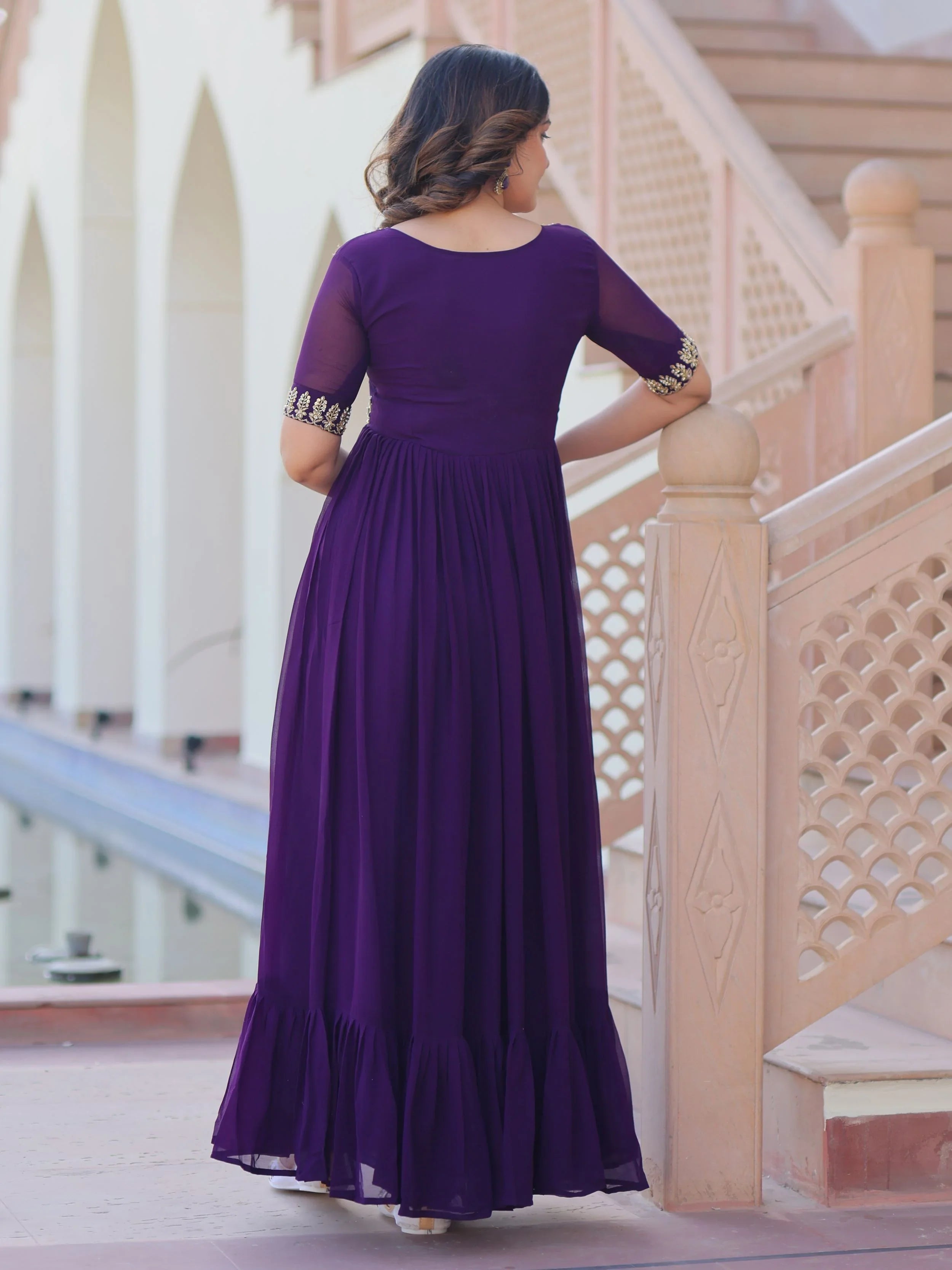Purple designer gown with sequins and multithread bead embroidery