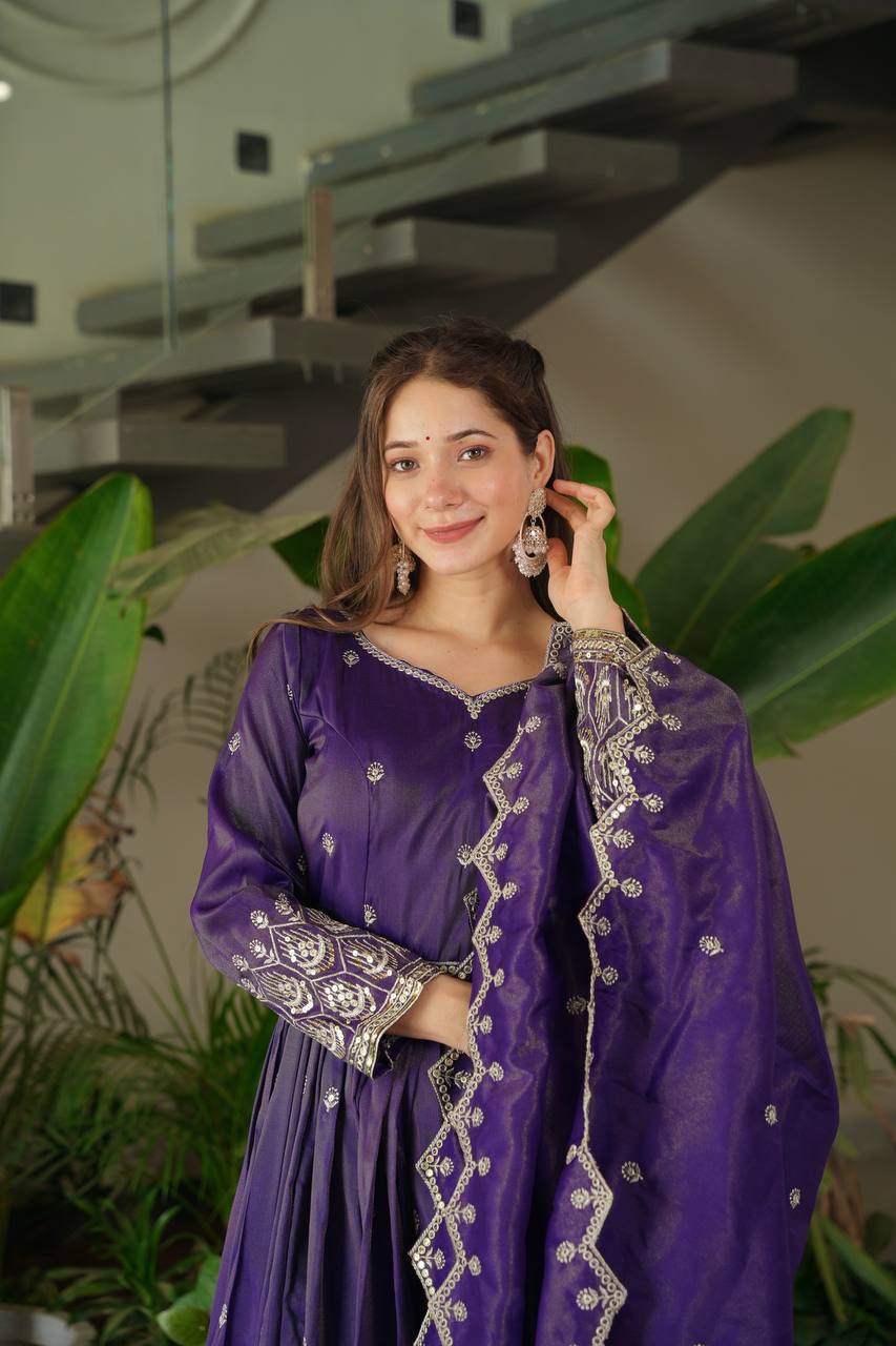 Purple shimmer silk embroidered handwork lace work gown with dupatta