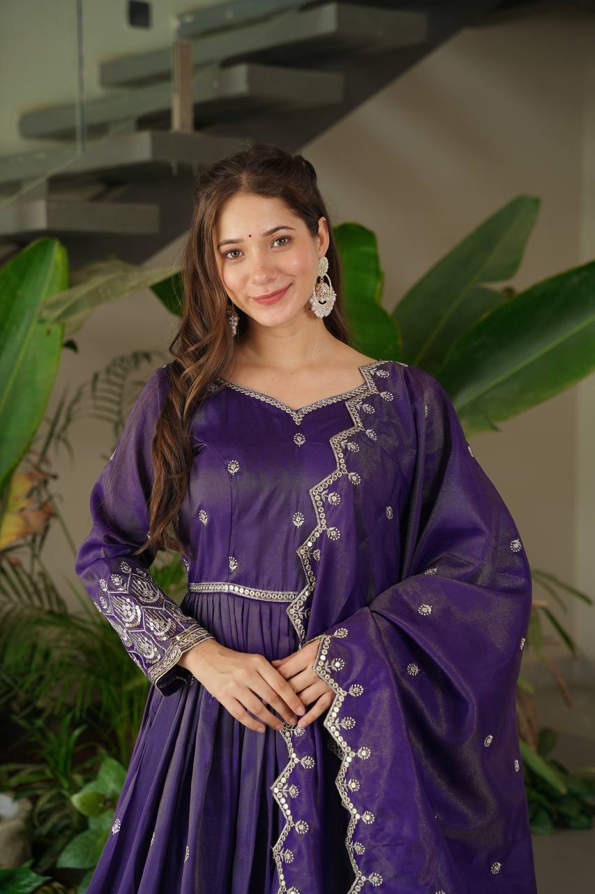 Purple shimmer silk embroidered handwork lace work gown with dupatta