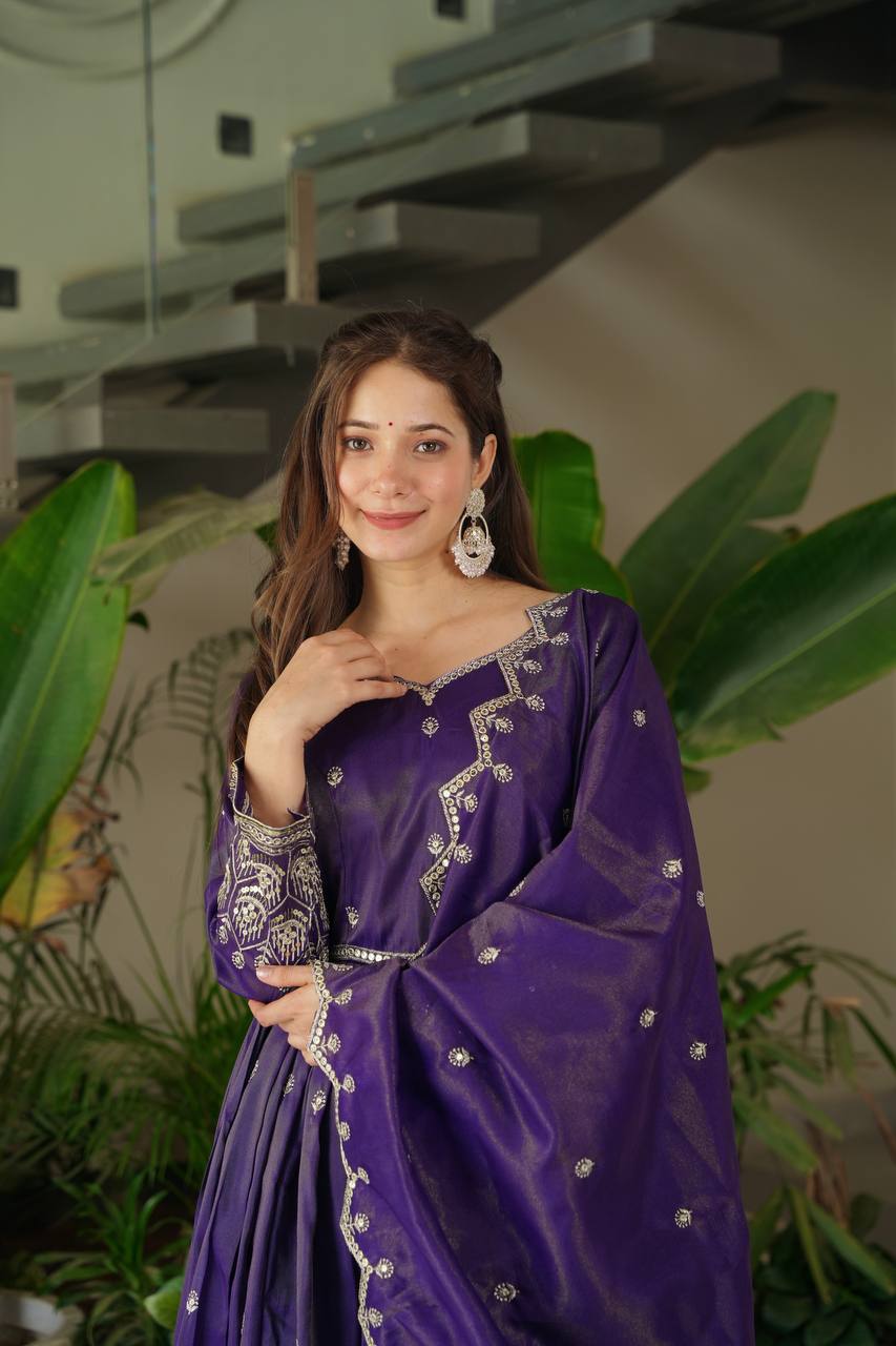 Purple shimmer silk embroidered handwork lace work gown with dupatta