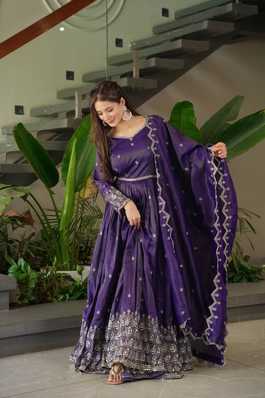 Purple shimmer silk embroidered handwork lace work gown with dupatta