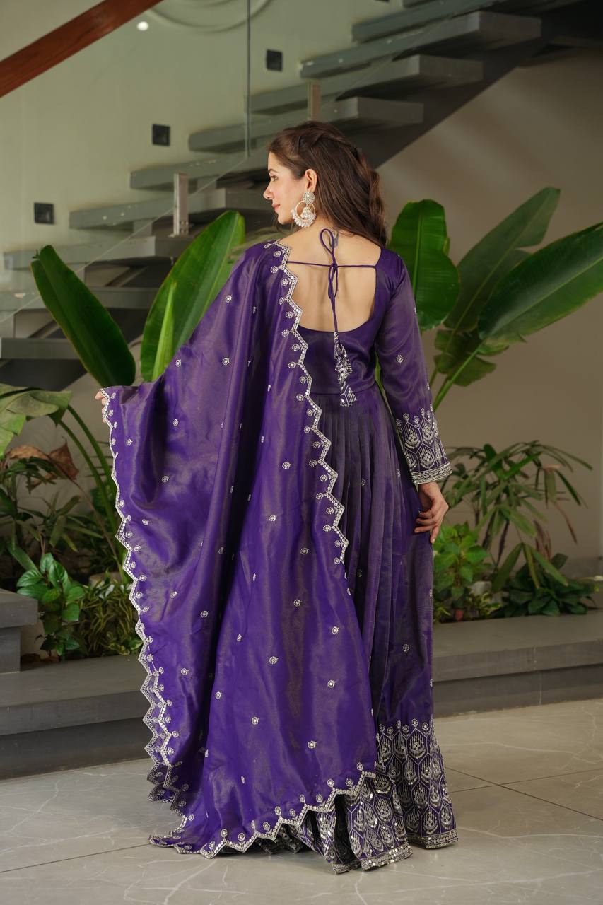 Purple shimmer silk embroidered handwork lace work gown with dupatta