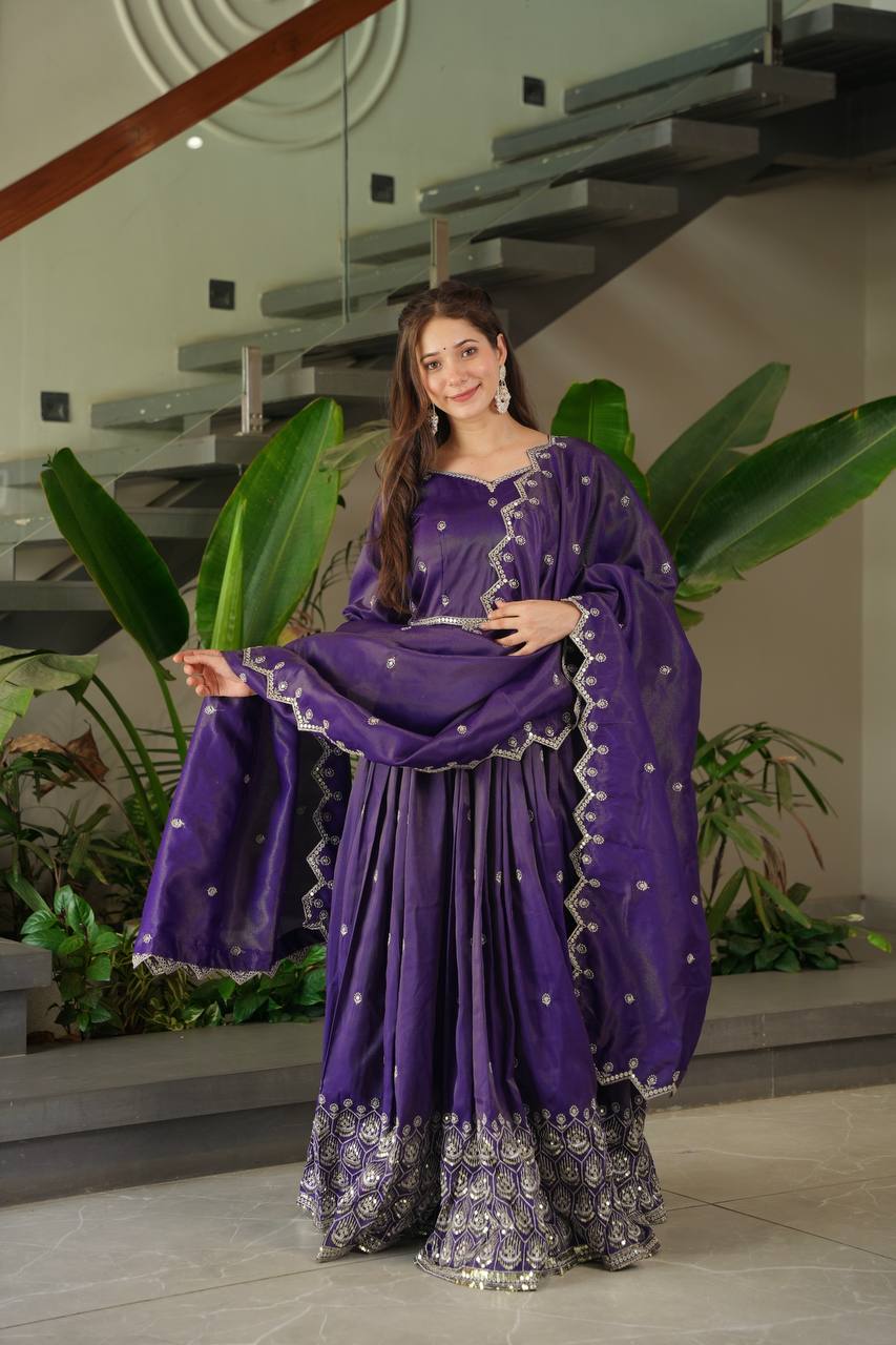 Purple shimmer silk embroidered handwork lace work gown with dupatta