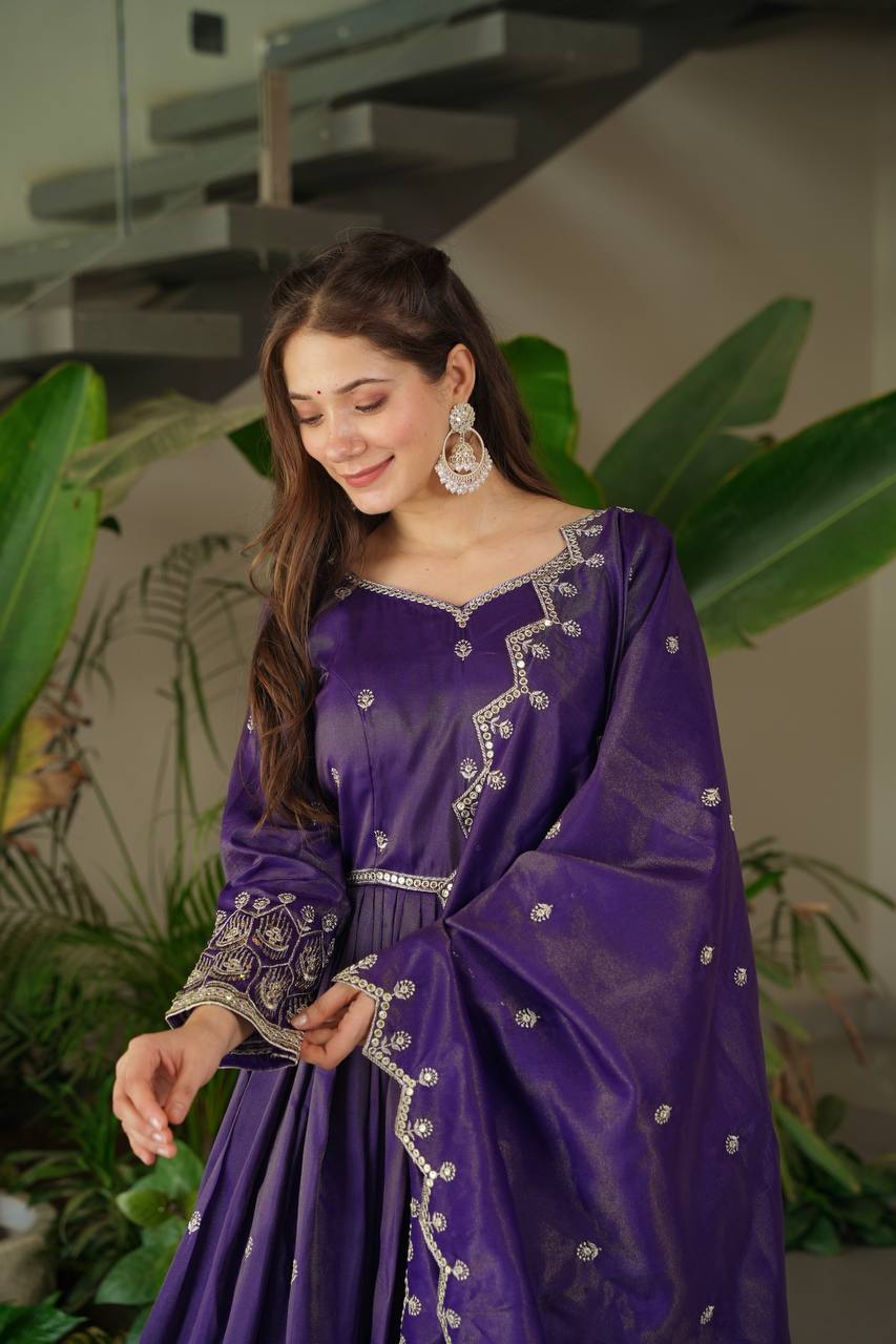 Purple shimmer silk embroidered handwork lace work gown with dupatta