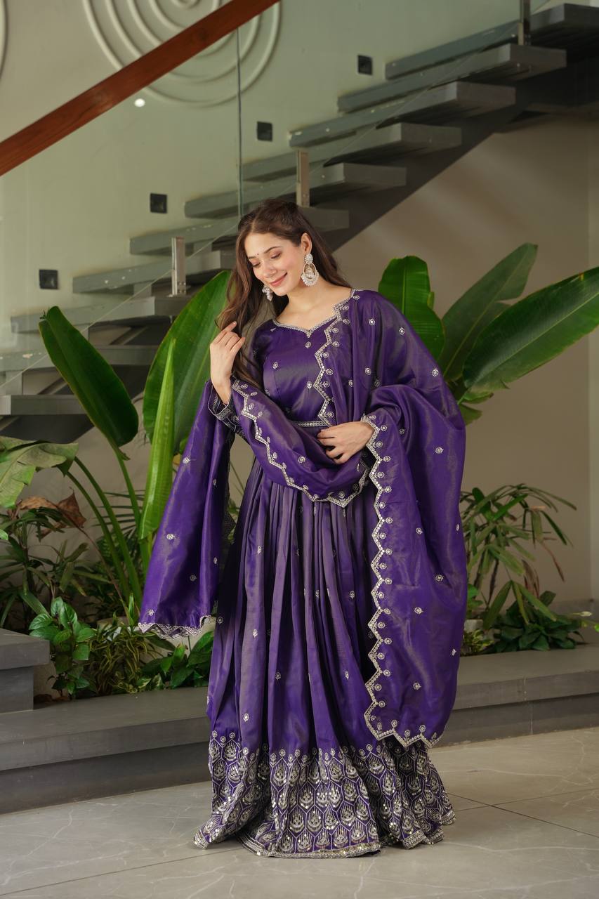 Purple shimmer silk embroidered handwork lace work gown with dupatta