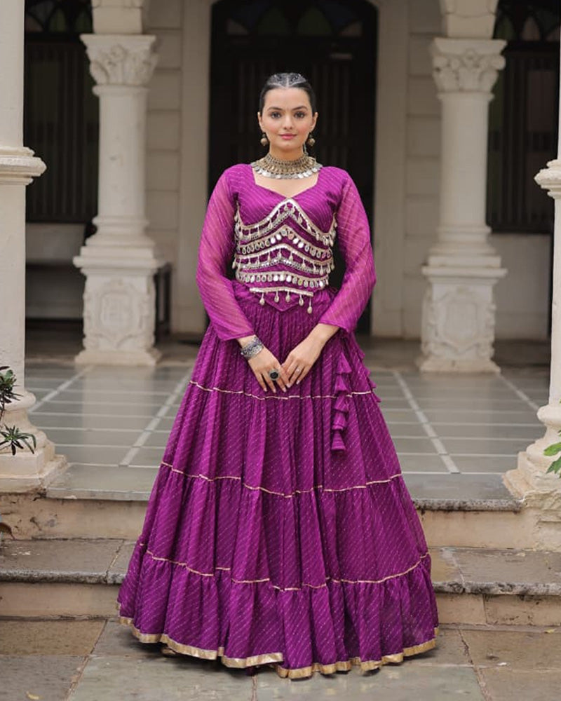 Purple soft georgette Gota Patti lace Bandhej Leheriya print lehenga choli