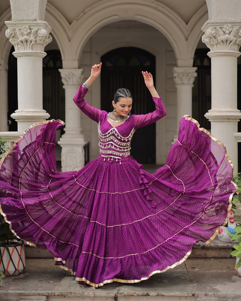 Purple soft georgette Gota Patti lace Bandhej Leheriya print lehenga choli