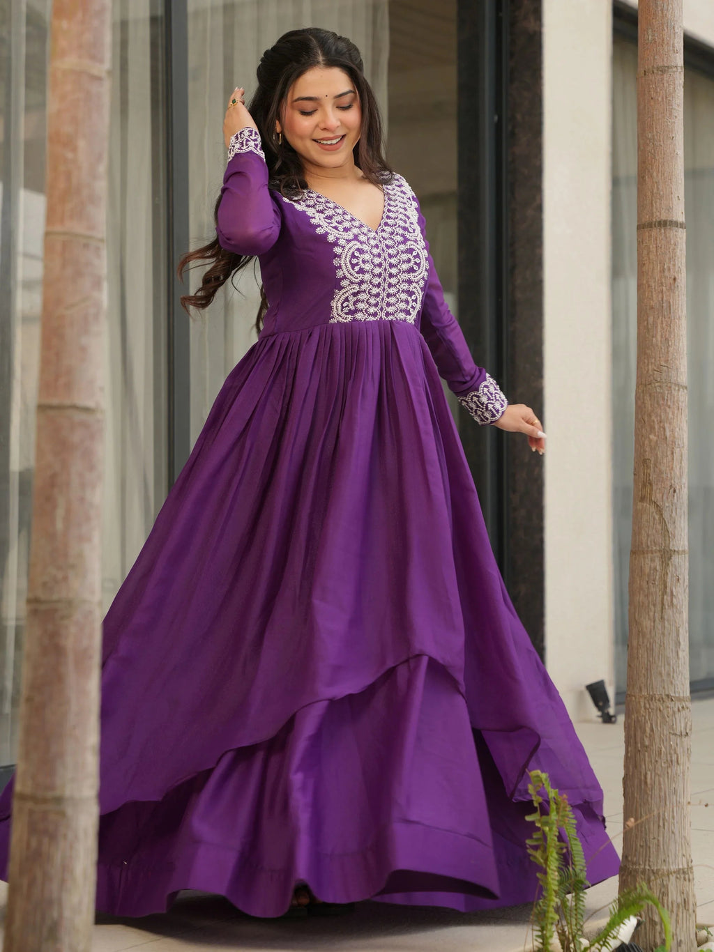 Purple star georgette sequins embroidered gown for wedding functions