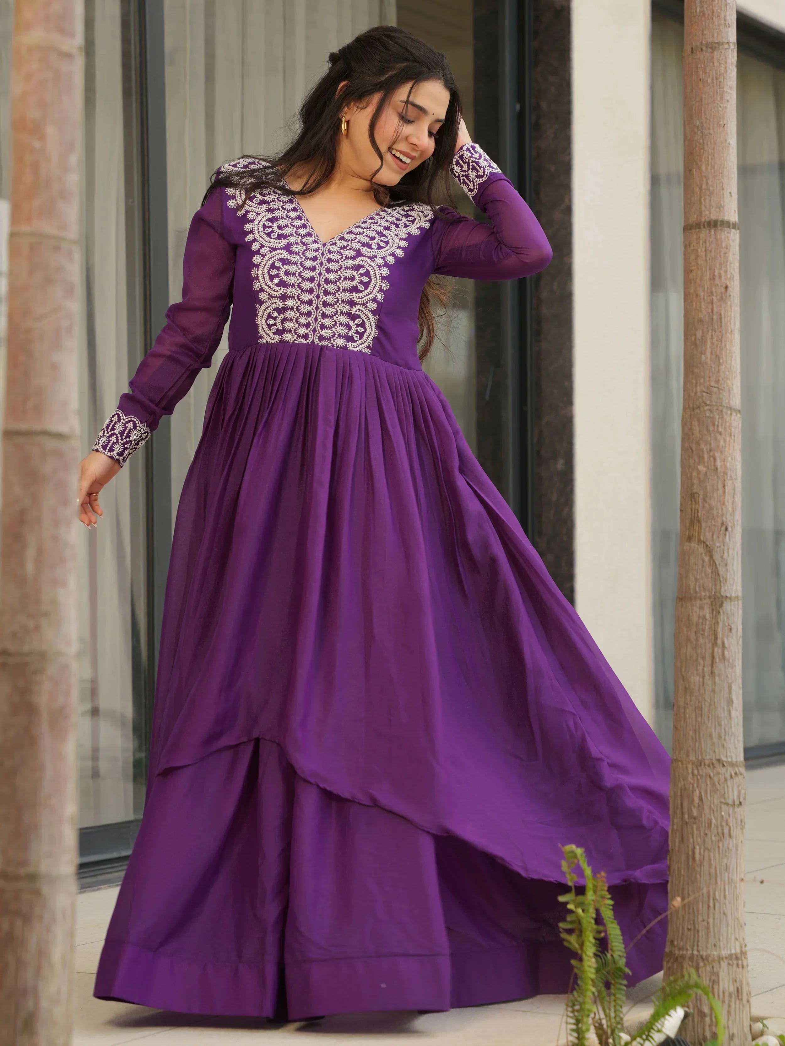 Purple star georgette sequins embroidered gown for wedding functions