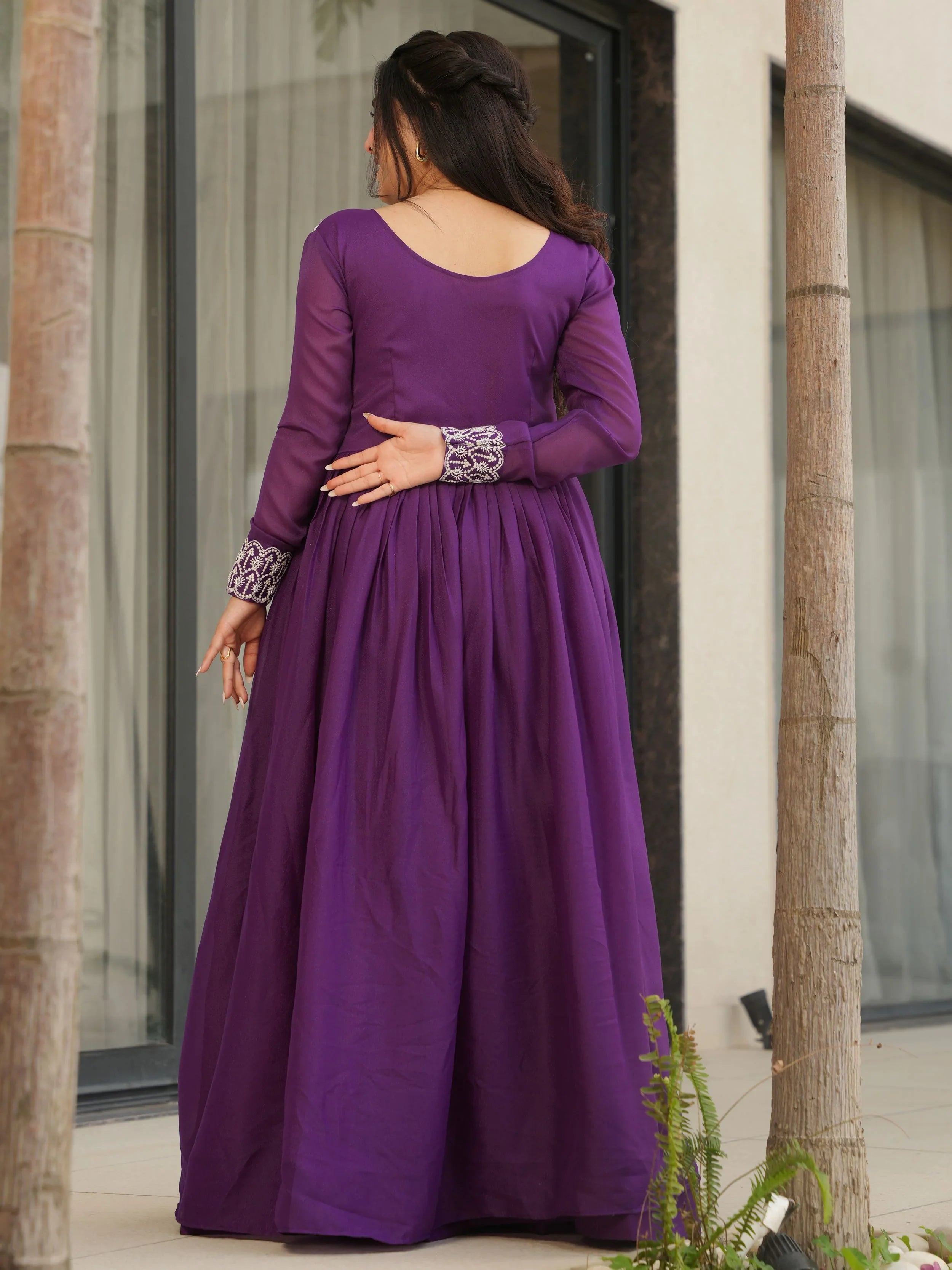 Purple star georgette sequins embroidered gown for wedding functions