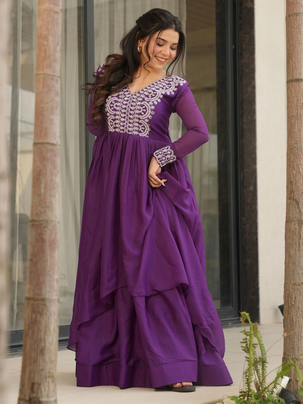 Purple star georgette sequins embroidered gown for wedding functions