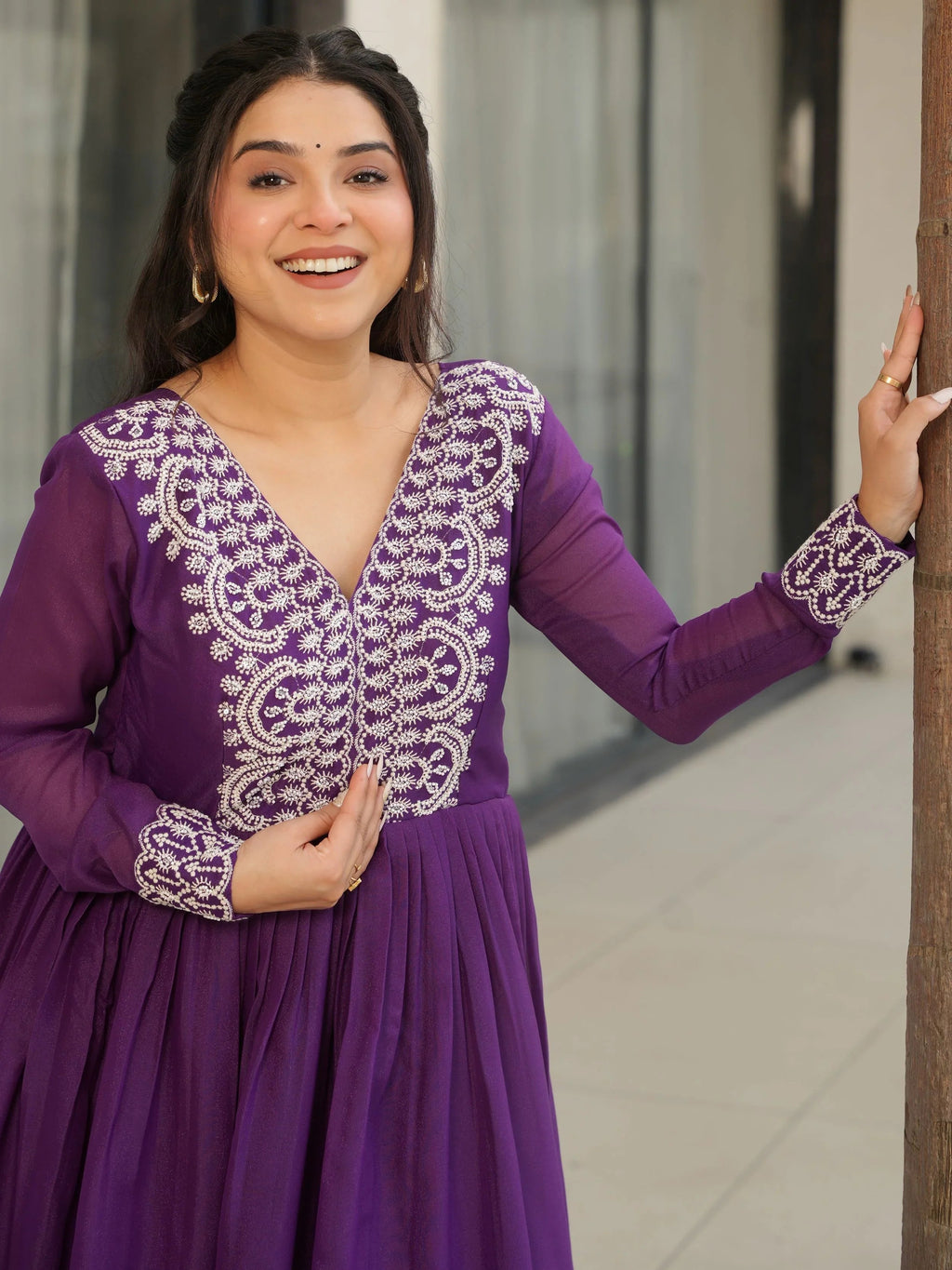 Purple star georgette sequins embroidered gown for wedding functions