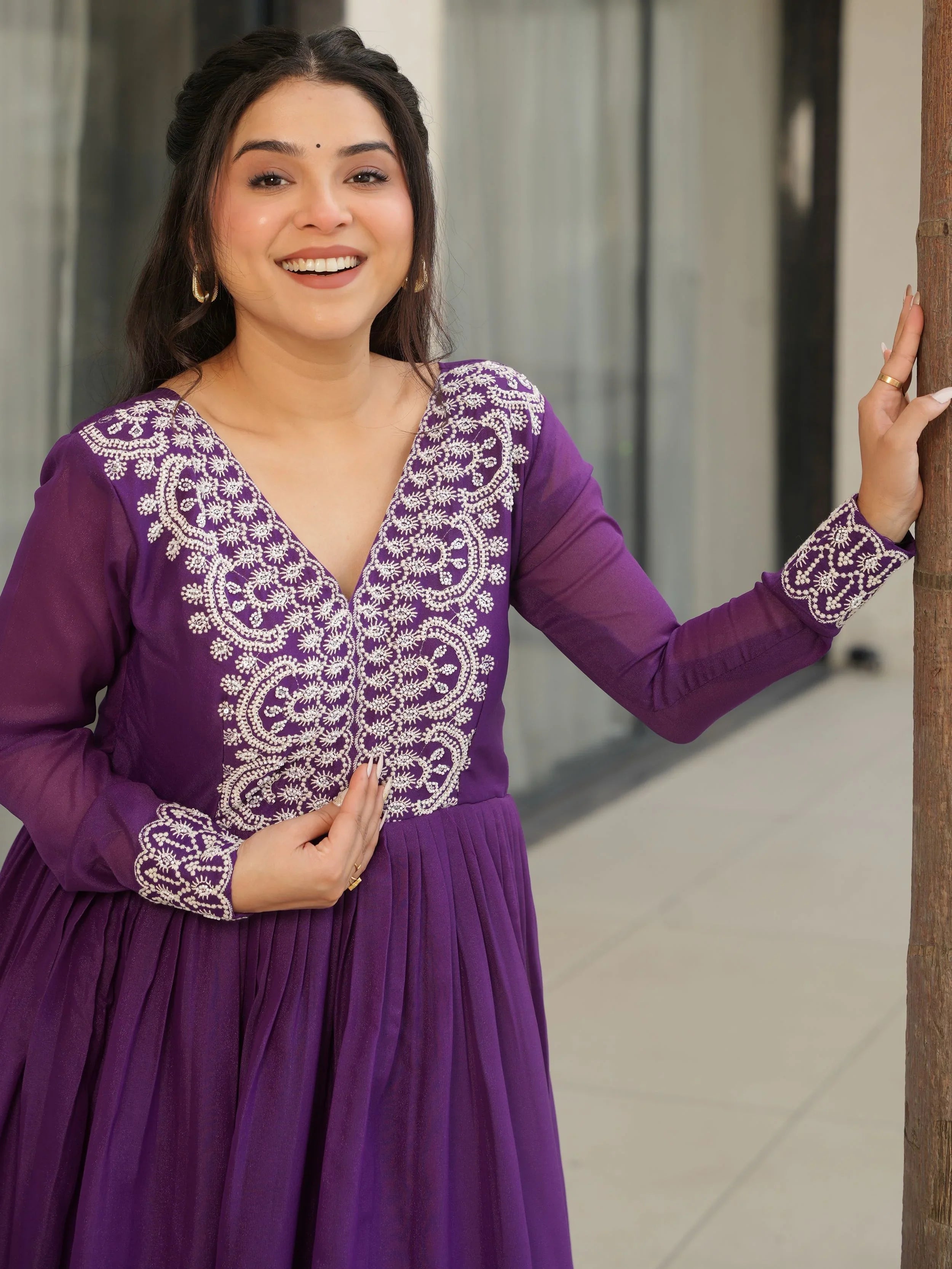 Purple star georgette sequins embroidered gown for wedding functions