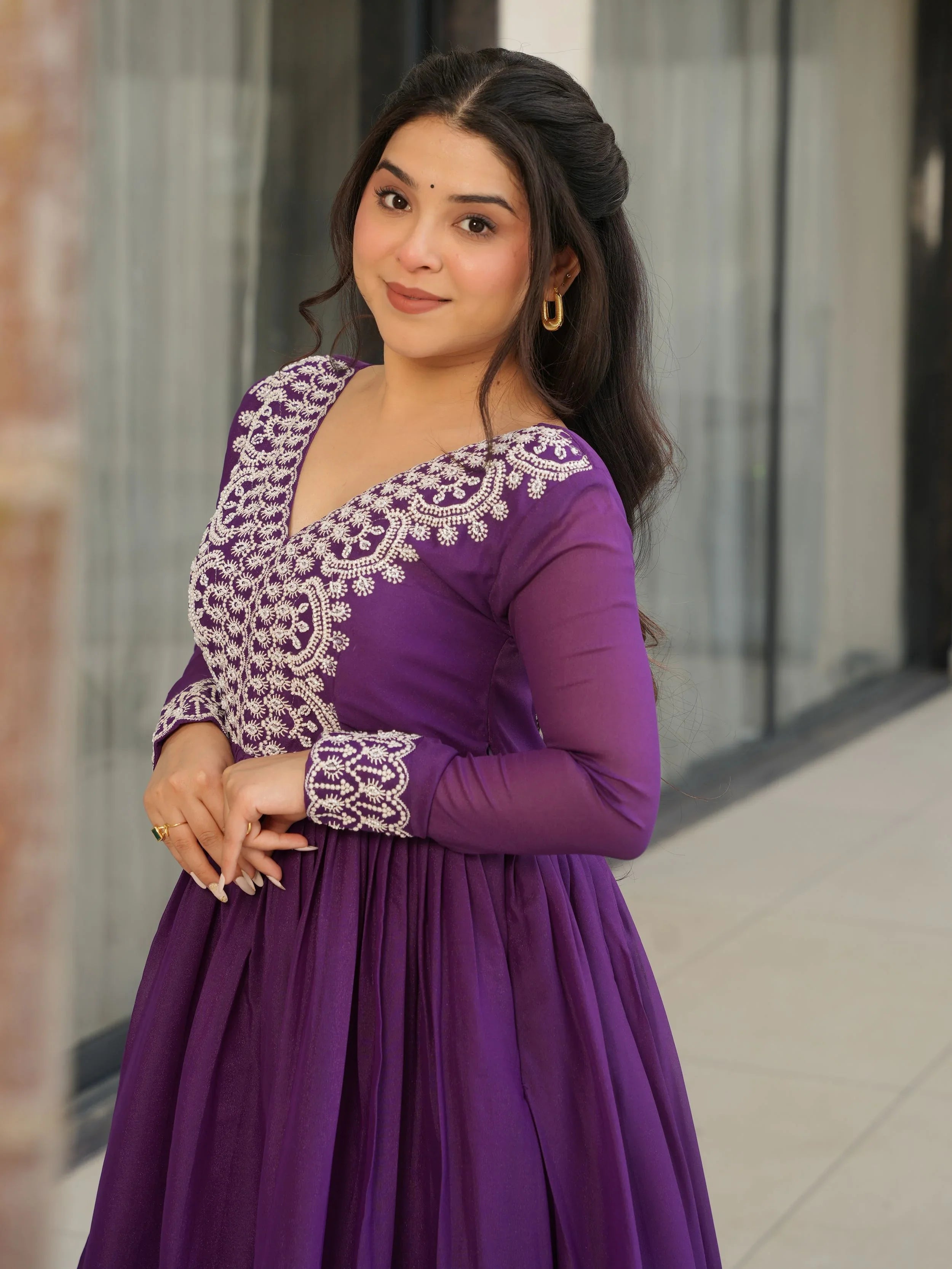 Purple star georgette sequins embroidered gown for wedding functions