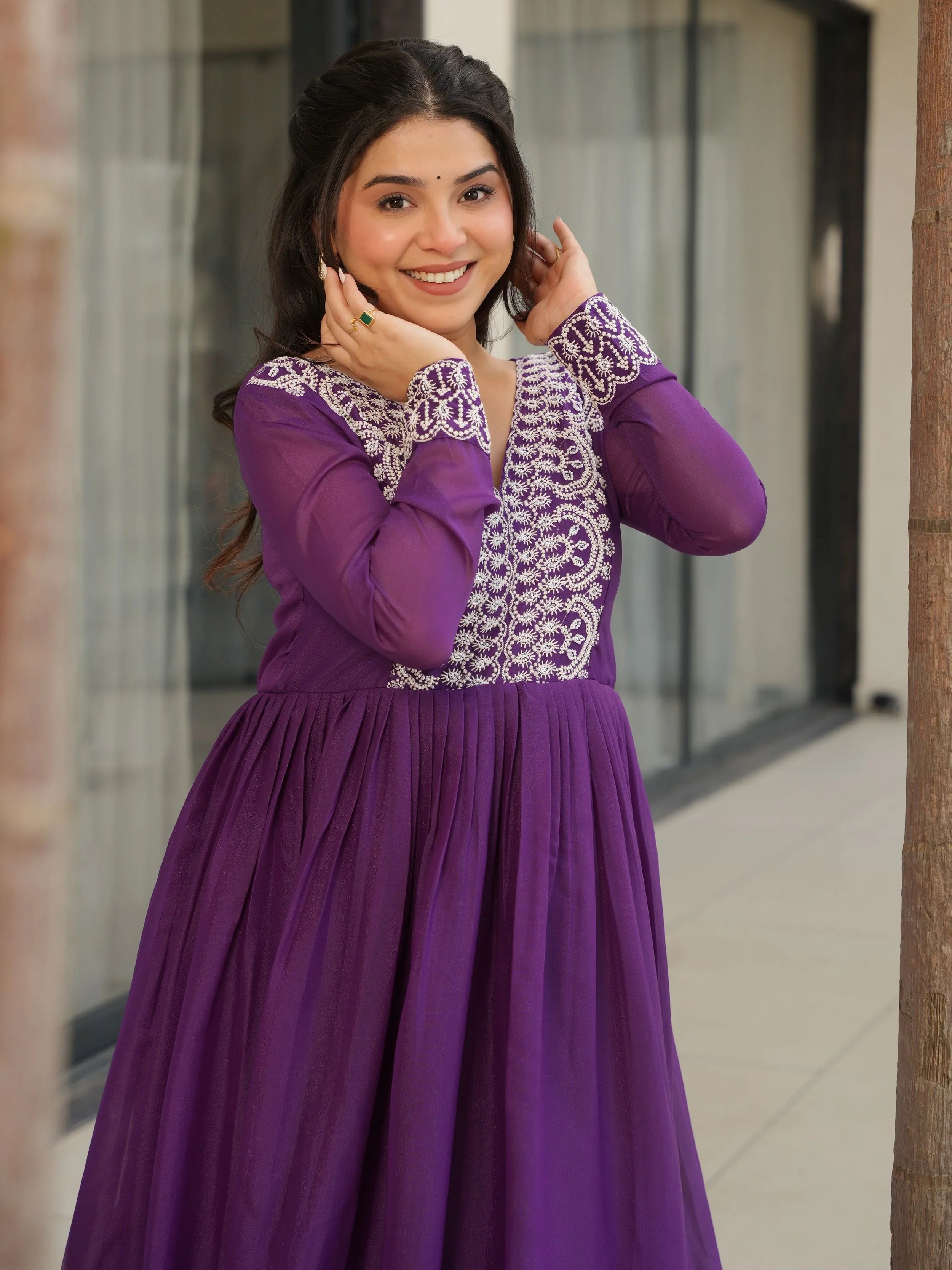 Purple star georgette sequins embroidered gown for wedding functions