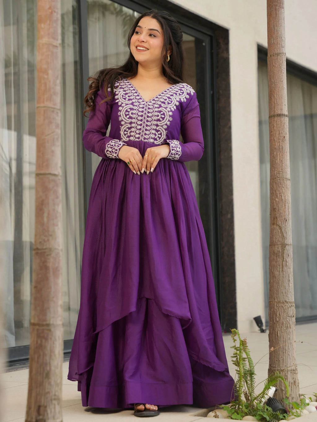Purple star georgette sequins embroidered gown for wedding functions