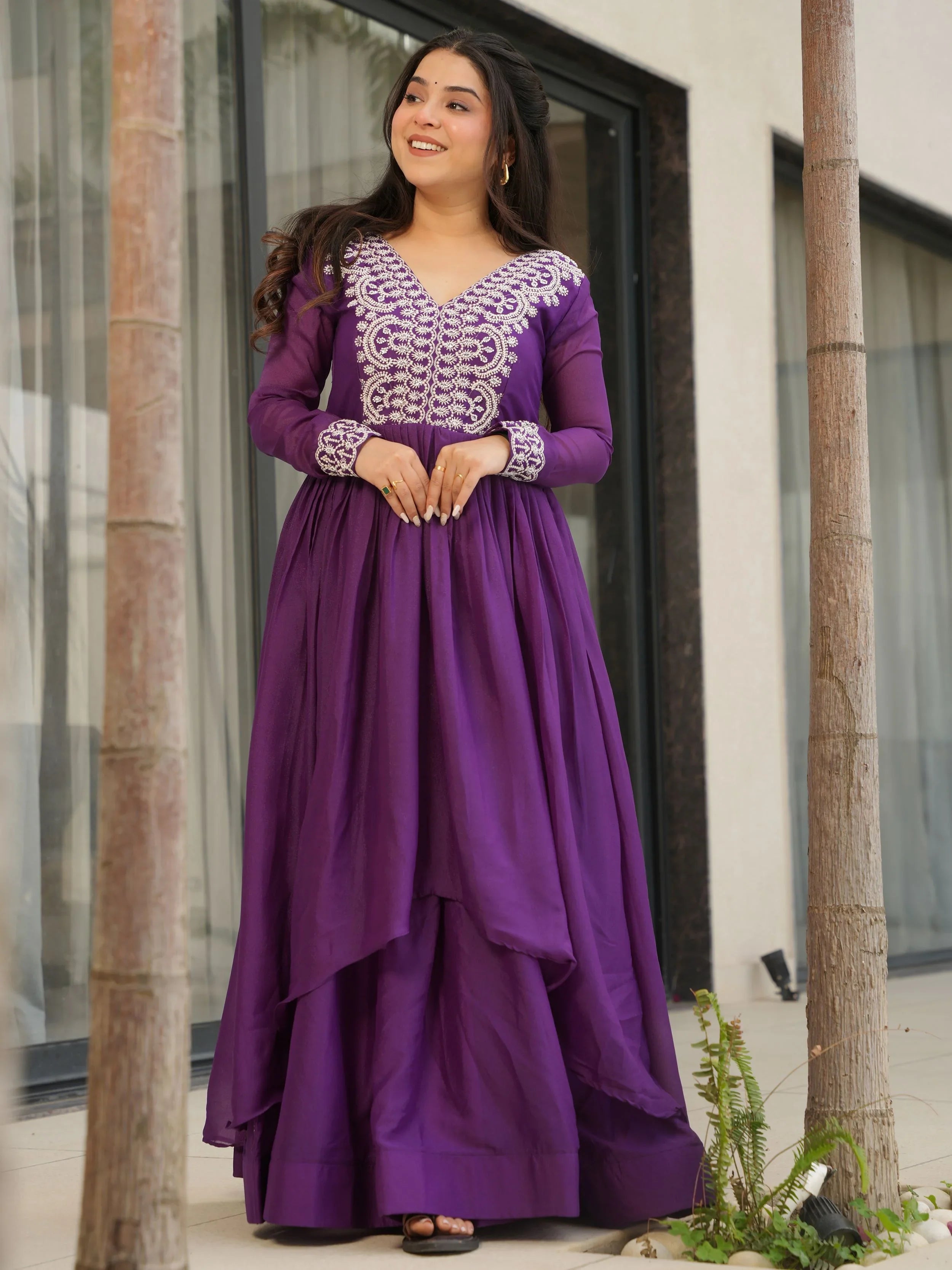 Purple star georgette sequins embroidered gown for wedding functions