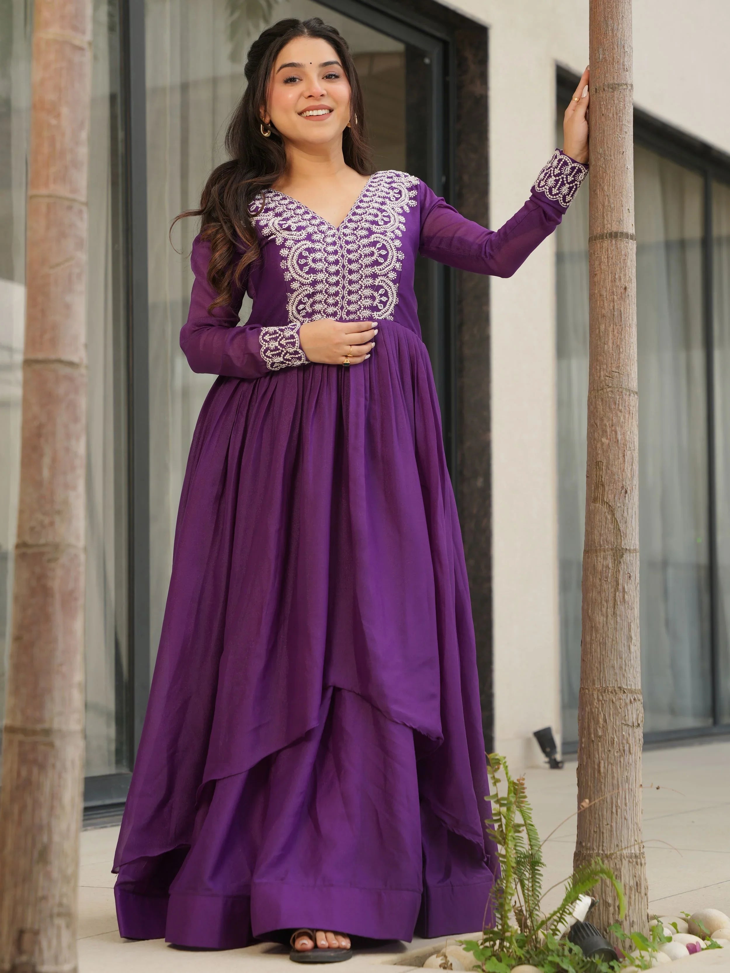 Purple star georgette sequins embroidered gown for wedding functions