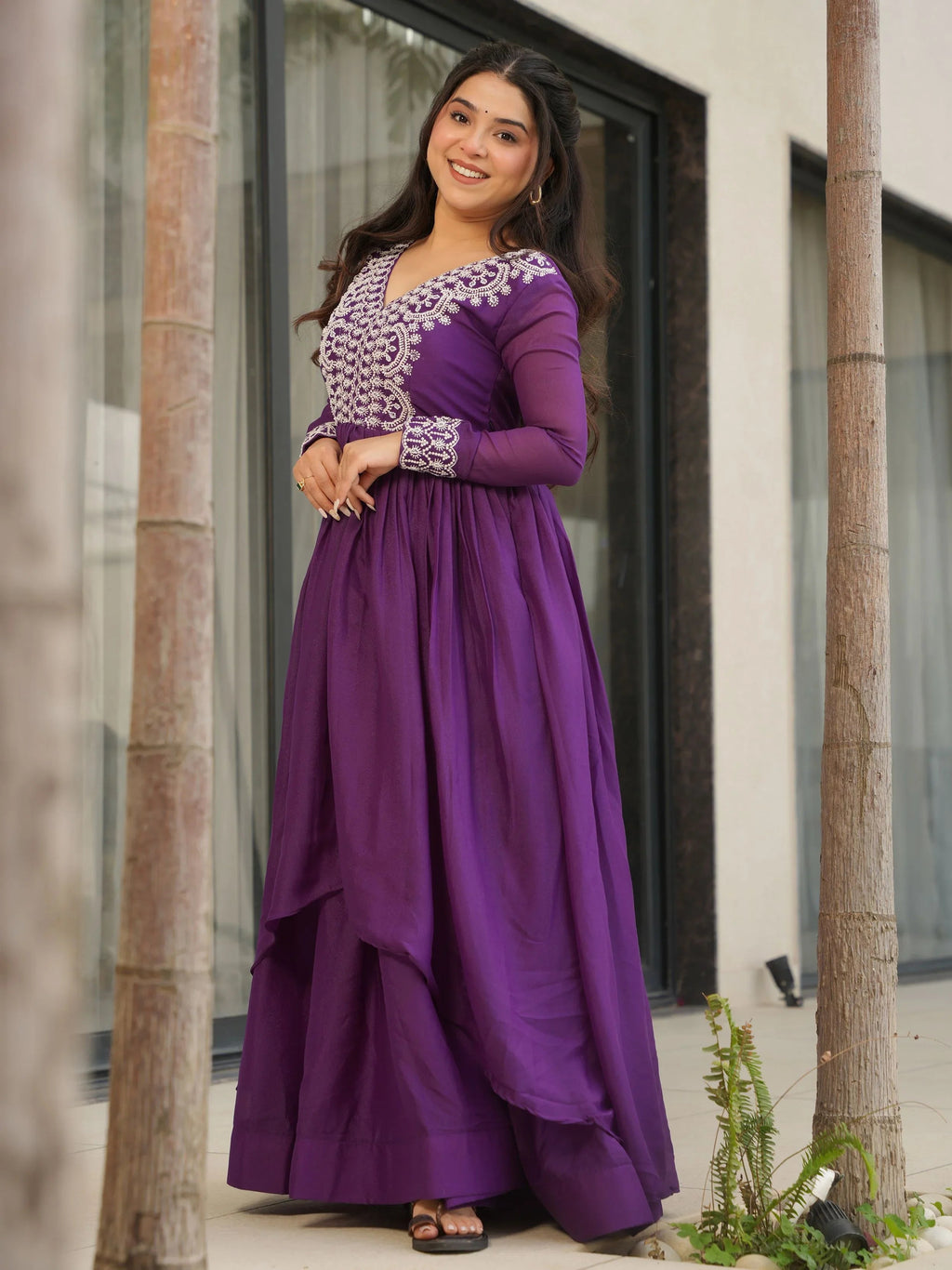 Purple star georgette sequins embroidered gown for wedding functions