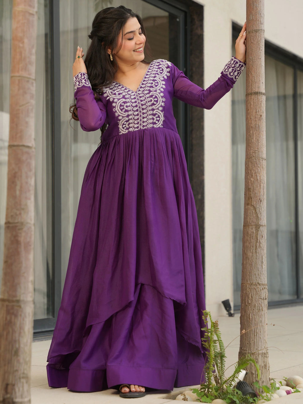 Purple star georgette sequins embroidered gown for wedding functions