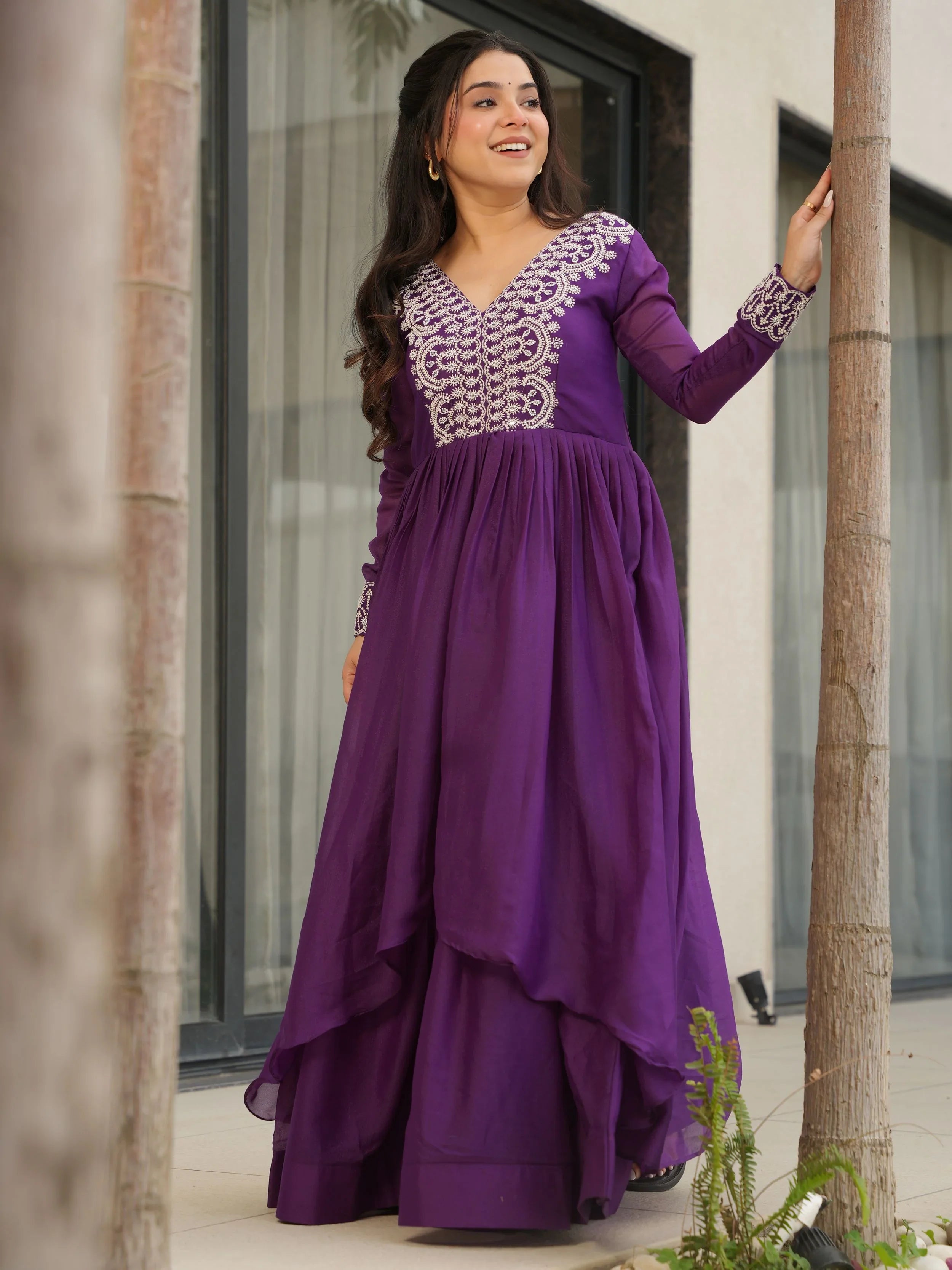 Purple star georgette sequins embroidered gown for wedding functions