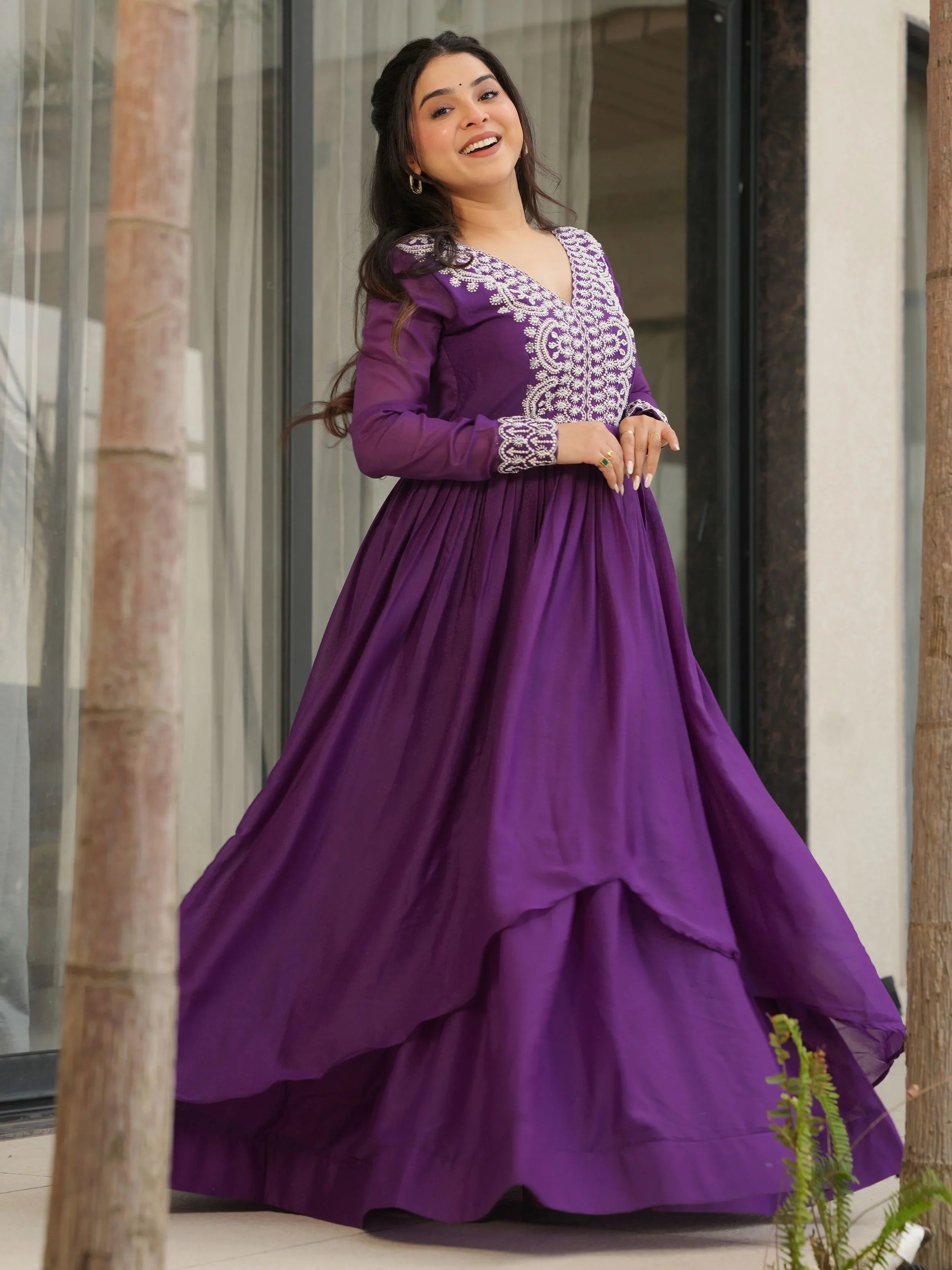 Purple star georgette sequins embroidered gown for wedding functions
